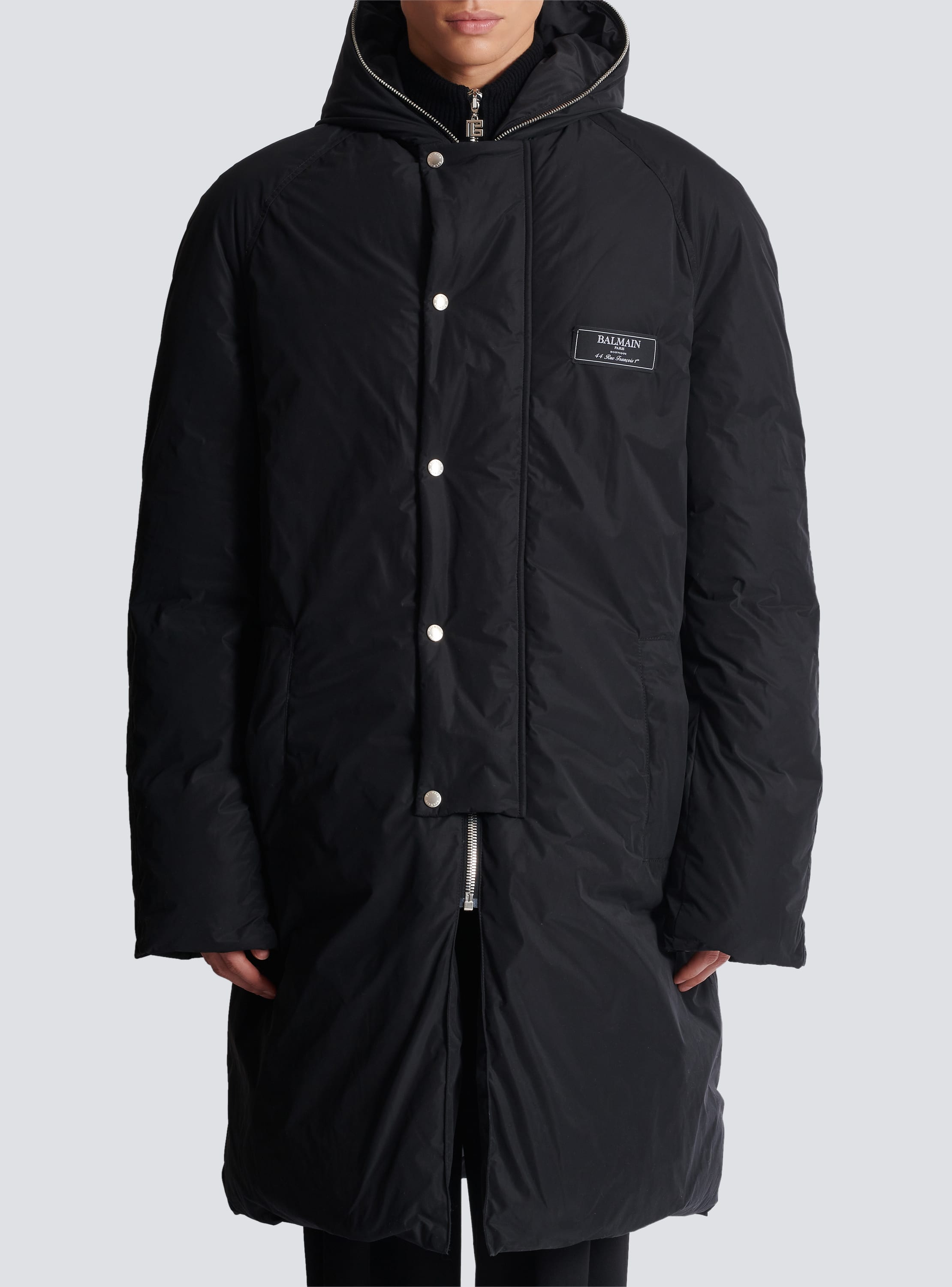 Long down nylon jacket with Balmain label Men BALMAIN