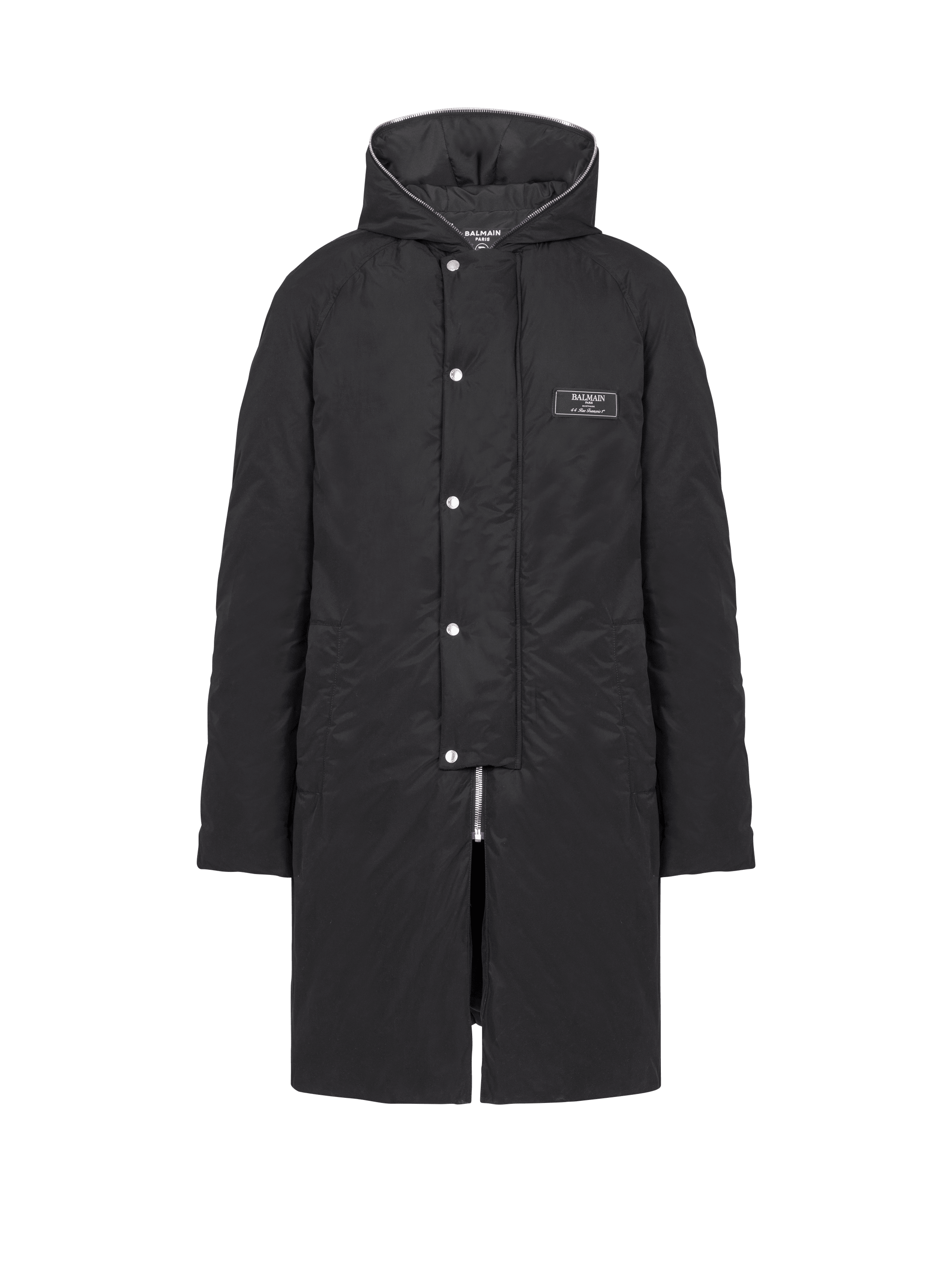 Lange Nylon-Daunenjacke mit Balmain-Etikett