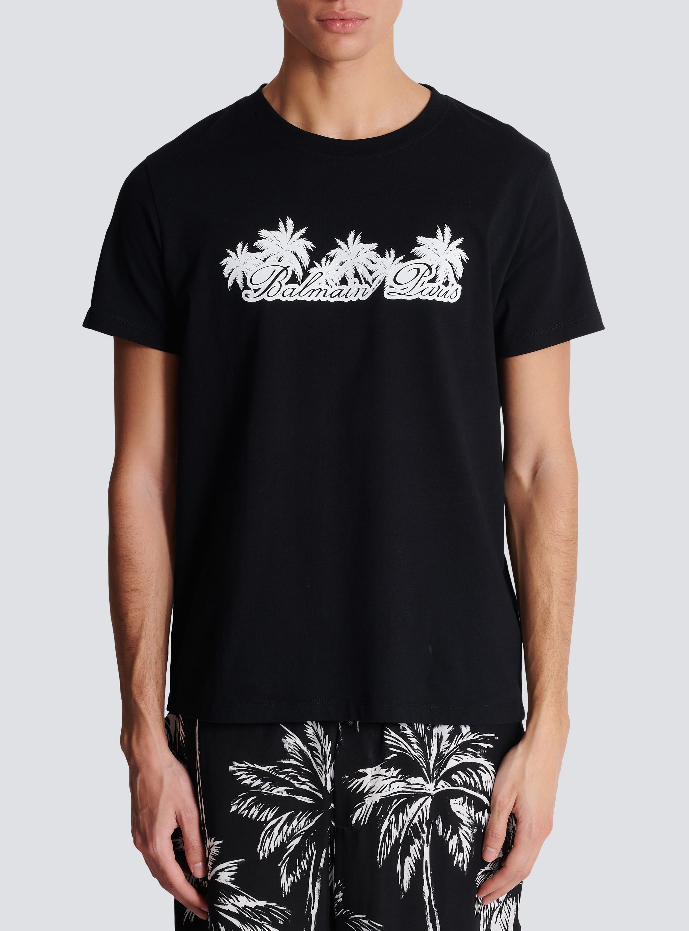 T shirt with palm tree Balmain Signature print black Men BALMAIN