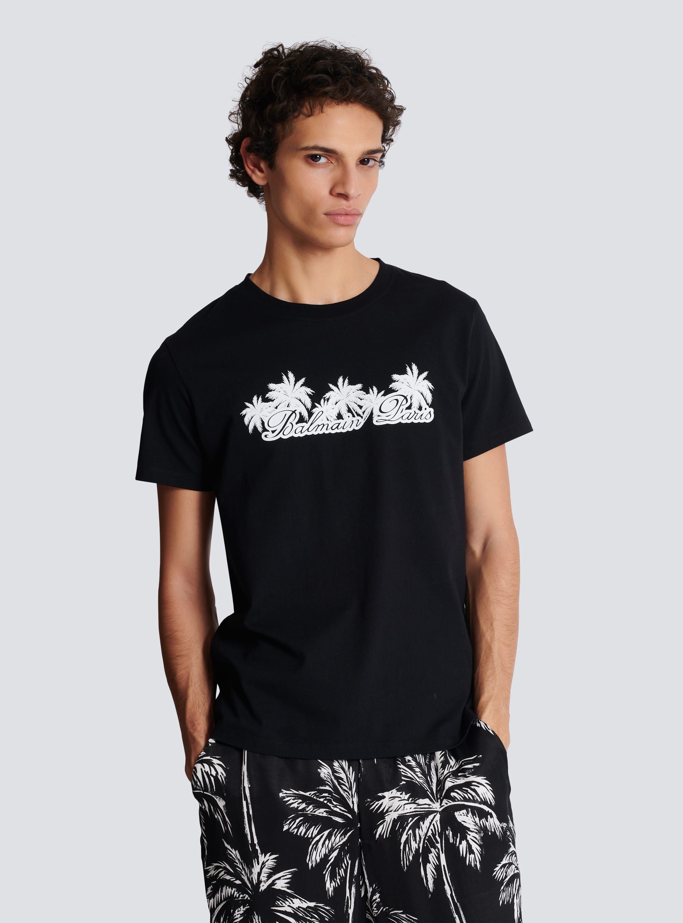 T shirt with palm tree Balmain Signature print black Men BALMAIN