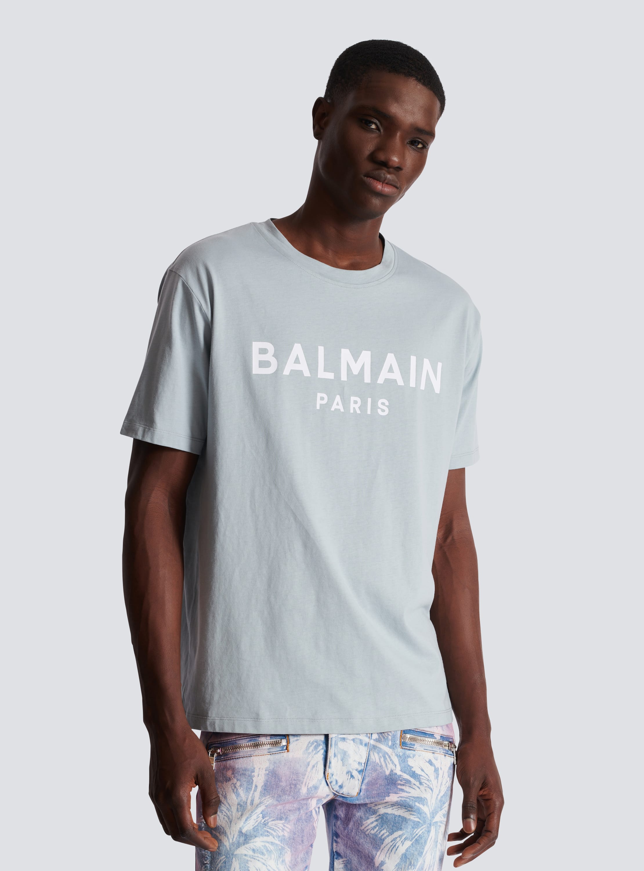 Printed Balmain Paris short sleeved T shirt grey Men BALMAIN