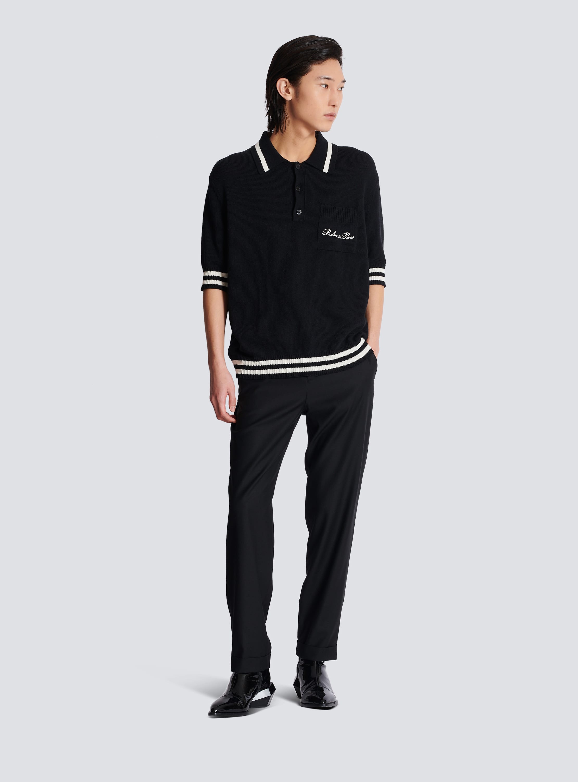 Wool polo shirt with Balmain Signature embroidery