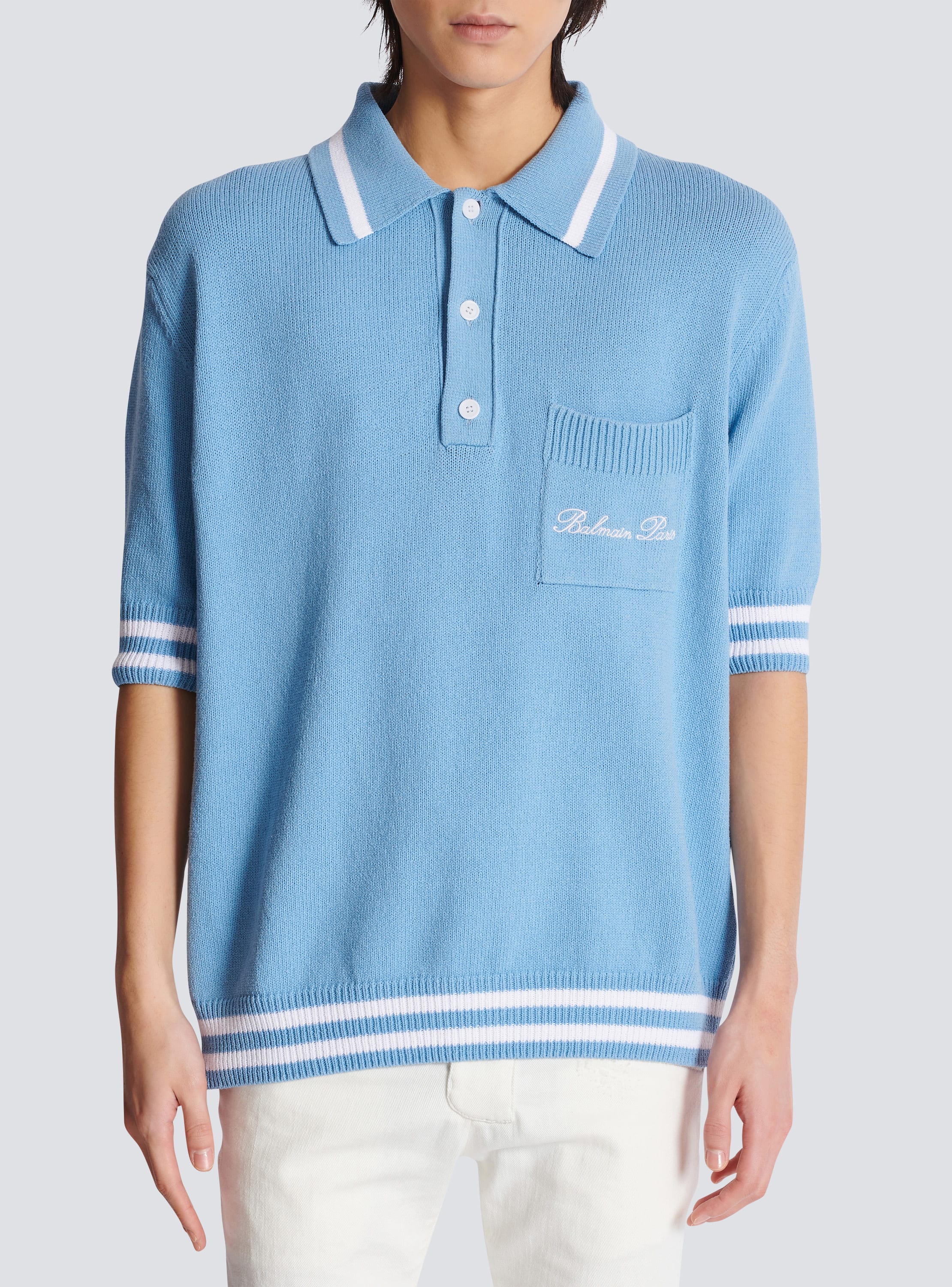 Wool polo shirt with Balmain Signature embroidery blue - Men | BALMAIN