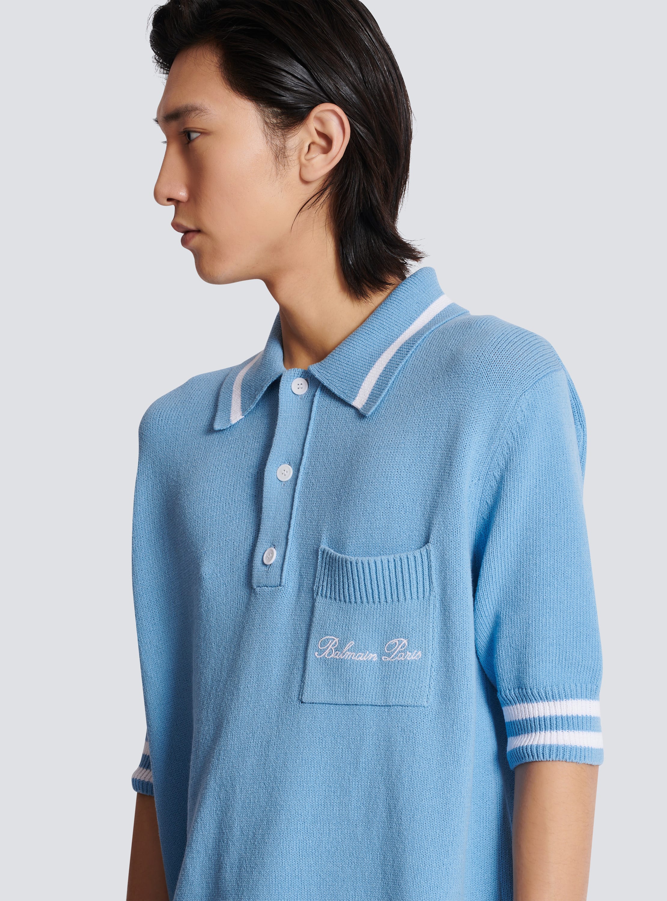 Wool polo shirt with Balmain Signature embroidery blue - Men | BALMAIN