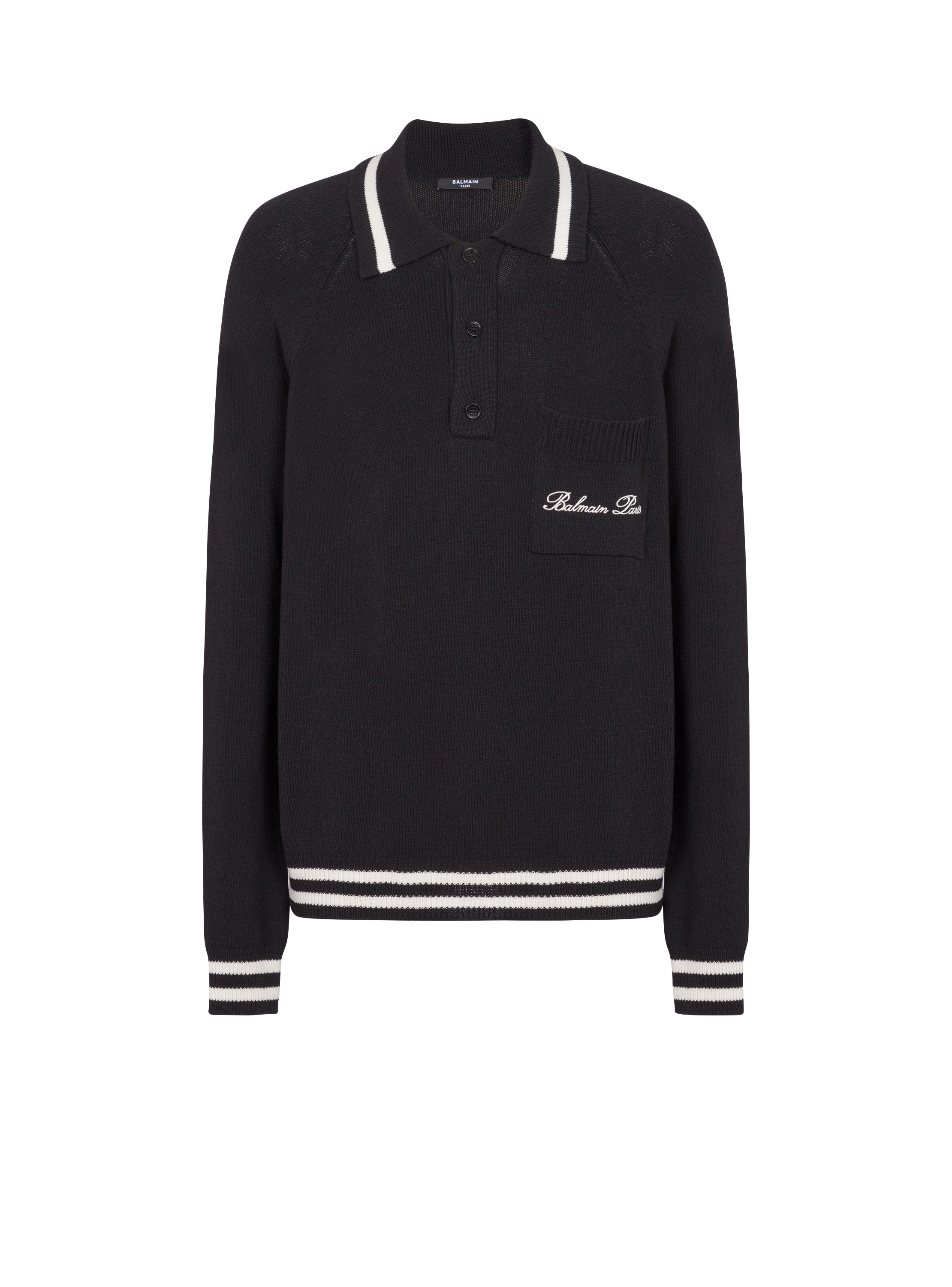 Langärmeliges Poloshirt aus Wolle mit Balmain Signature-Stickerei