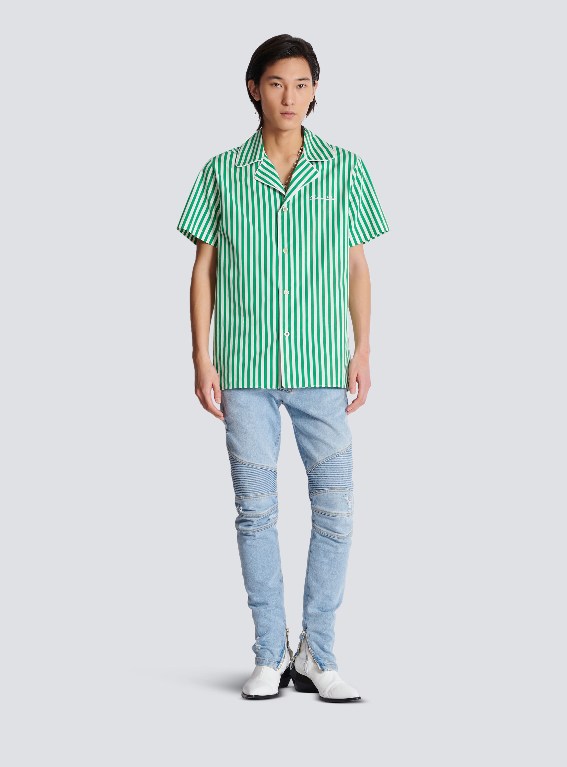 Short-sleeved striped cotton pyjama shirt