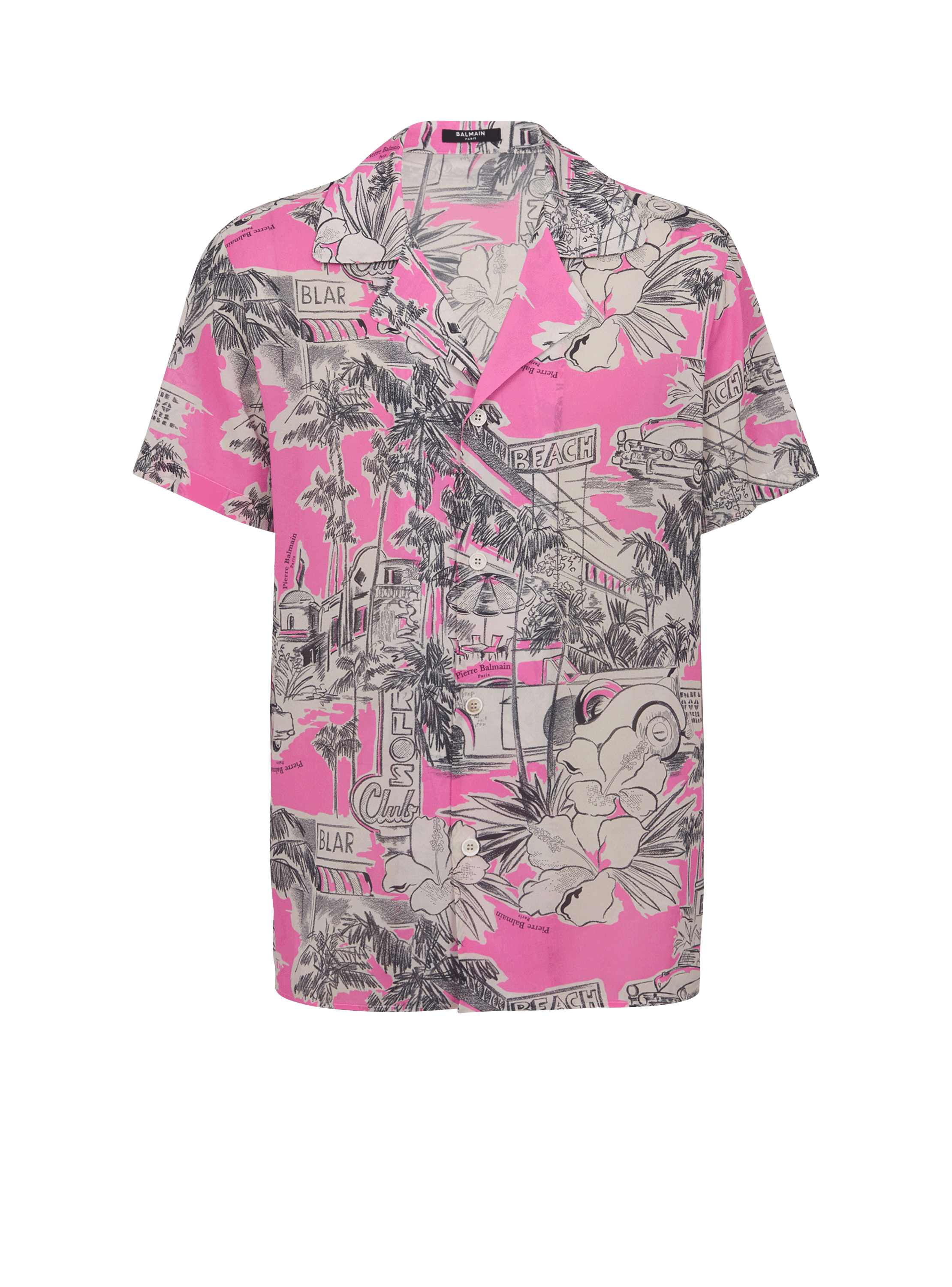 Short-sleeved silk pyjama shirt with Miami print