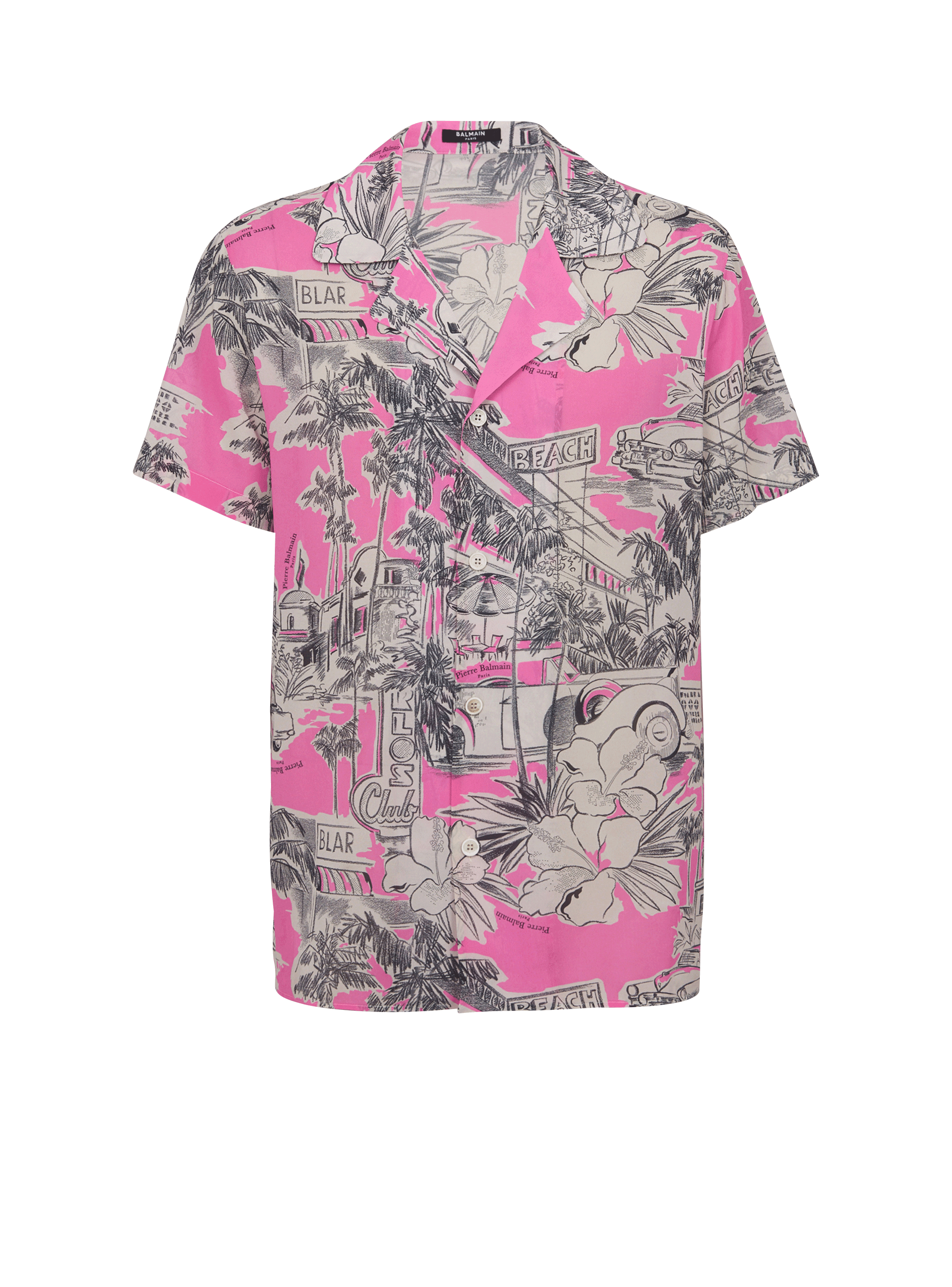 마이애미 프린트 장식 실크 소재 쇼트 슬리브 파자마 셔츠