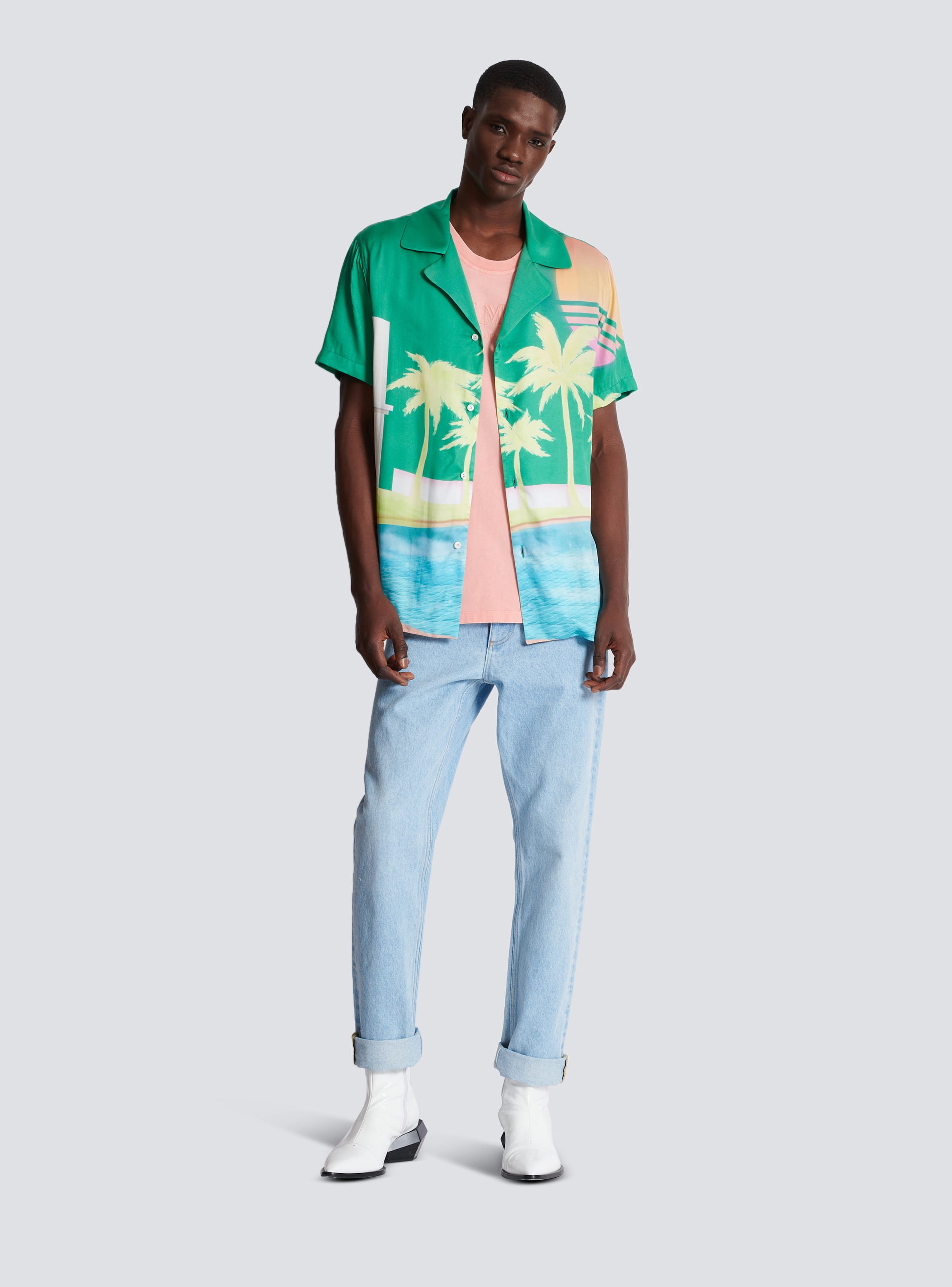 Short-sleeved twill pyjama shirt with palm tree print