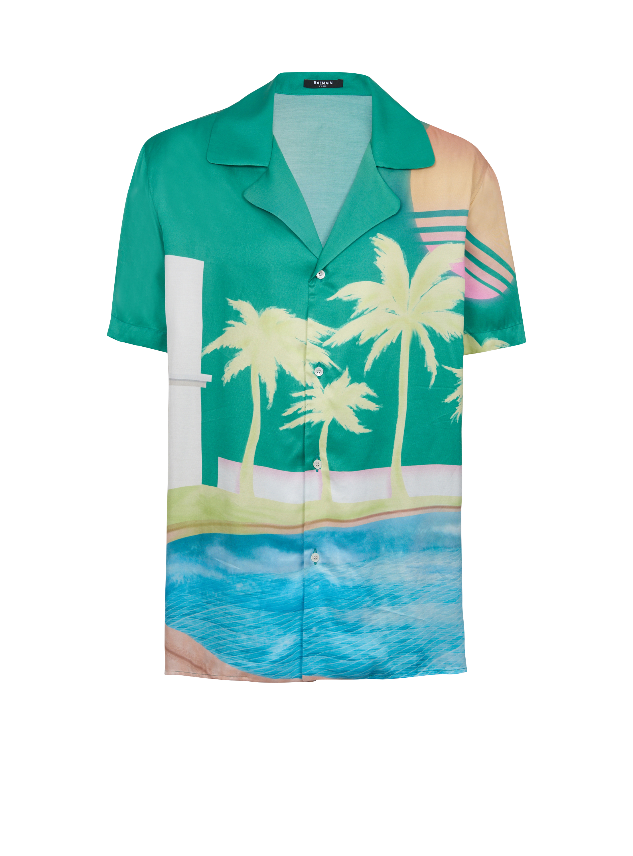 Short-sleeved twill pyjama shirt with palm tree print
