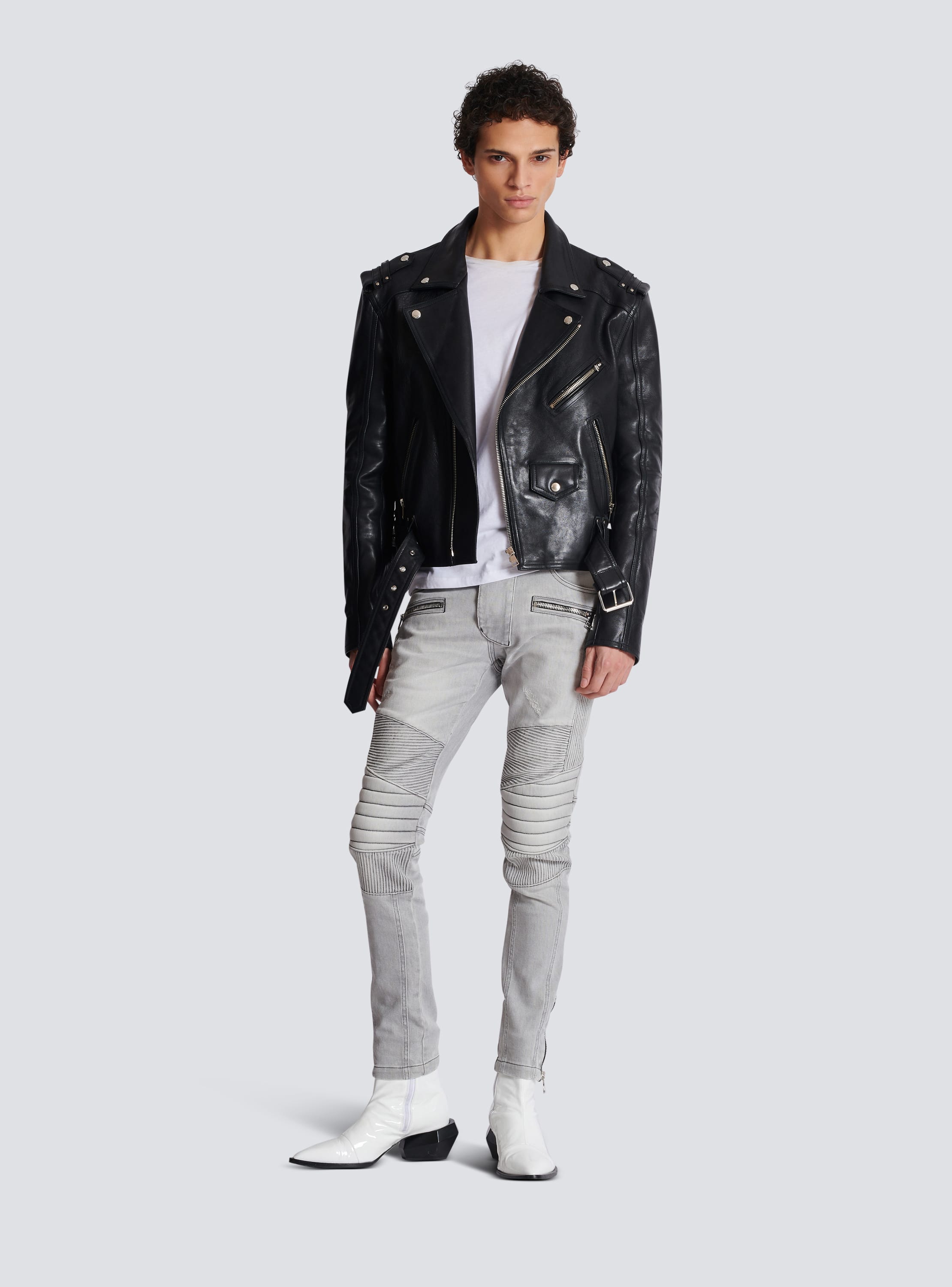 Jeans biker in denim trapuntato Grigio