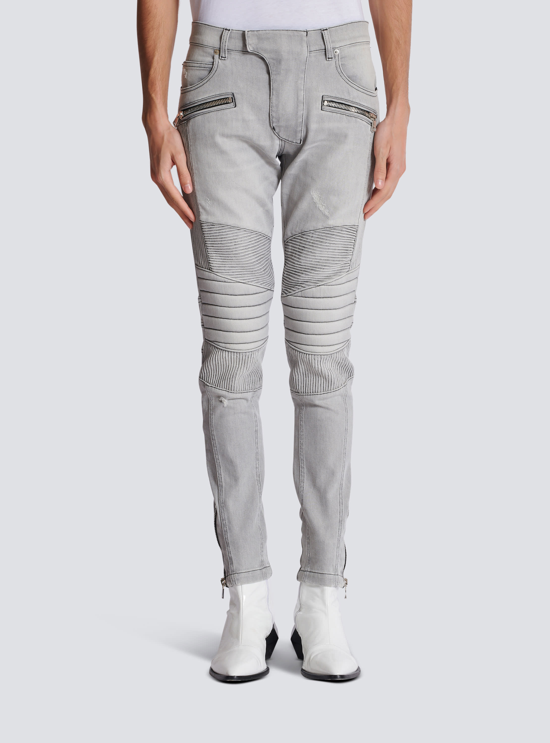 Biker jeans in Grey quilted denim