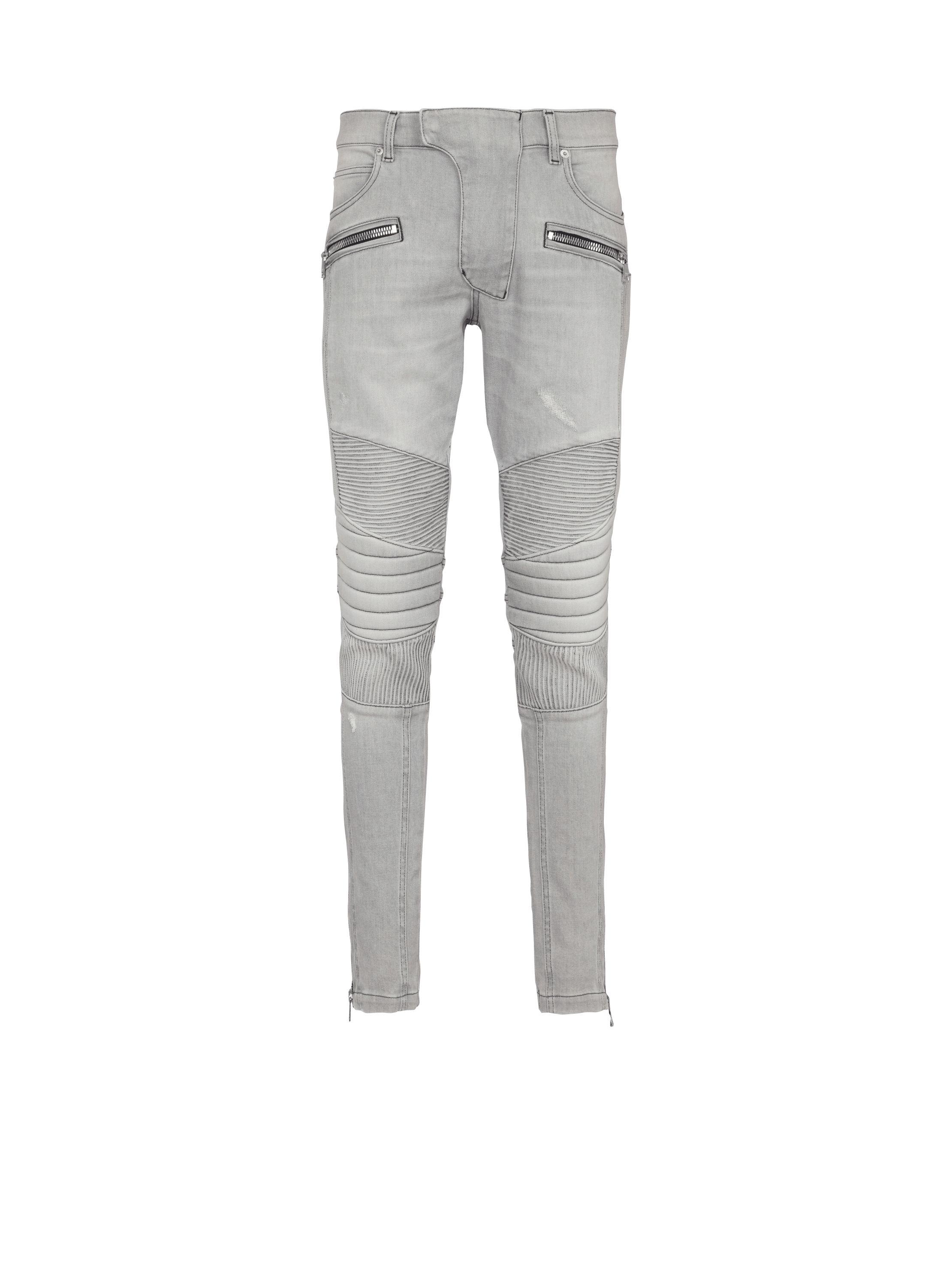 灰色绗缝机车牛仔裤