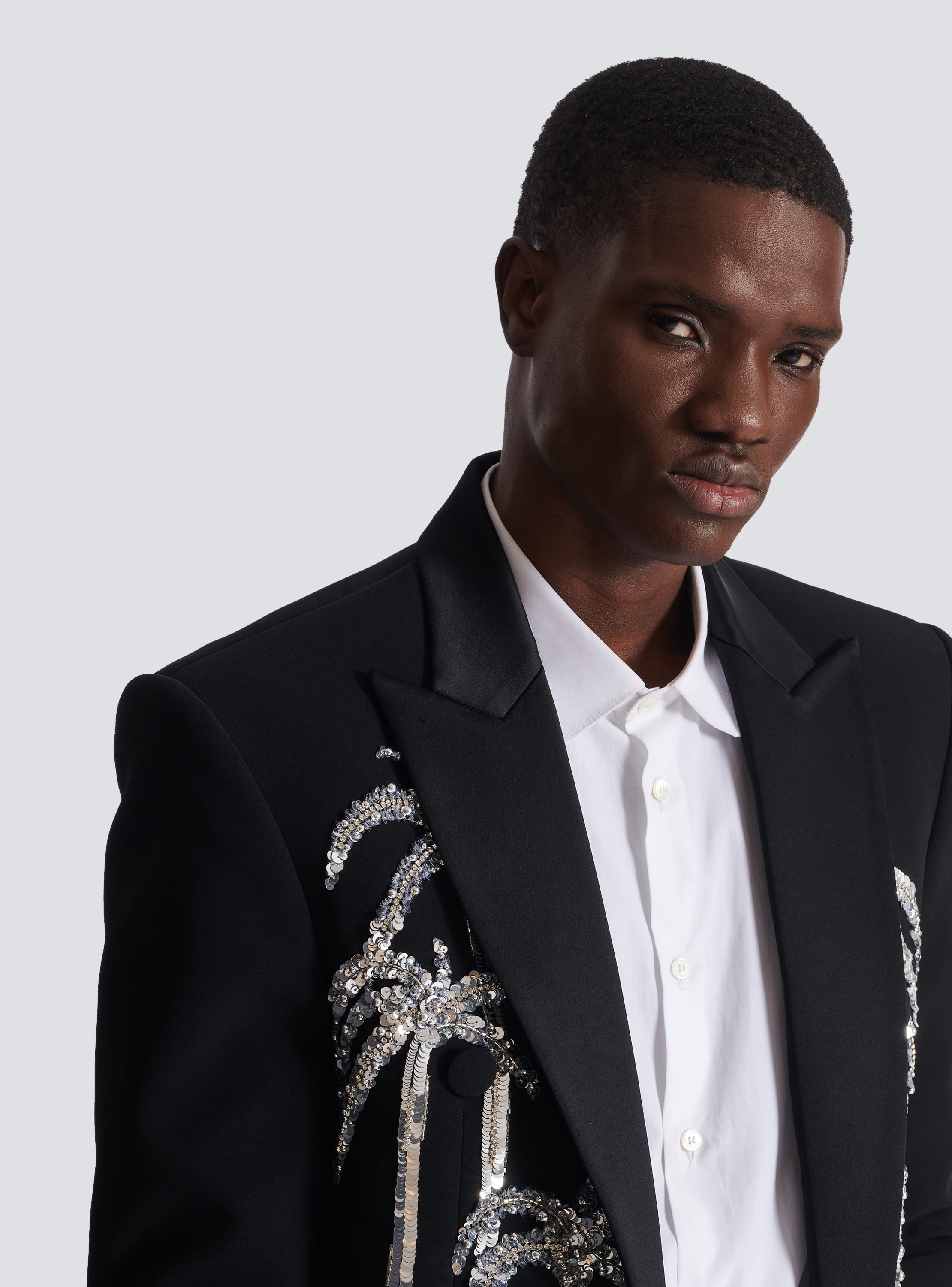 Cropped crepe jacket with palm tree embroidery black Men BALMAIN