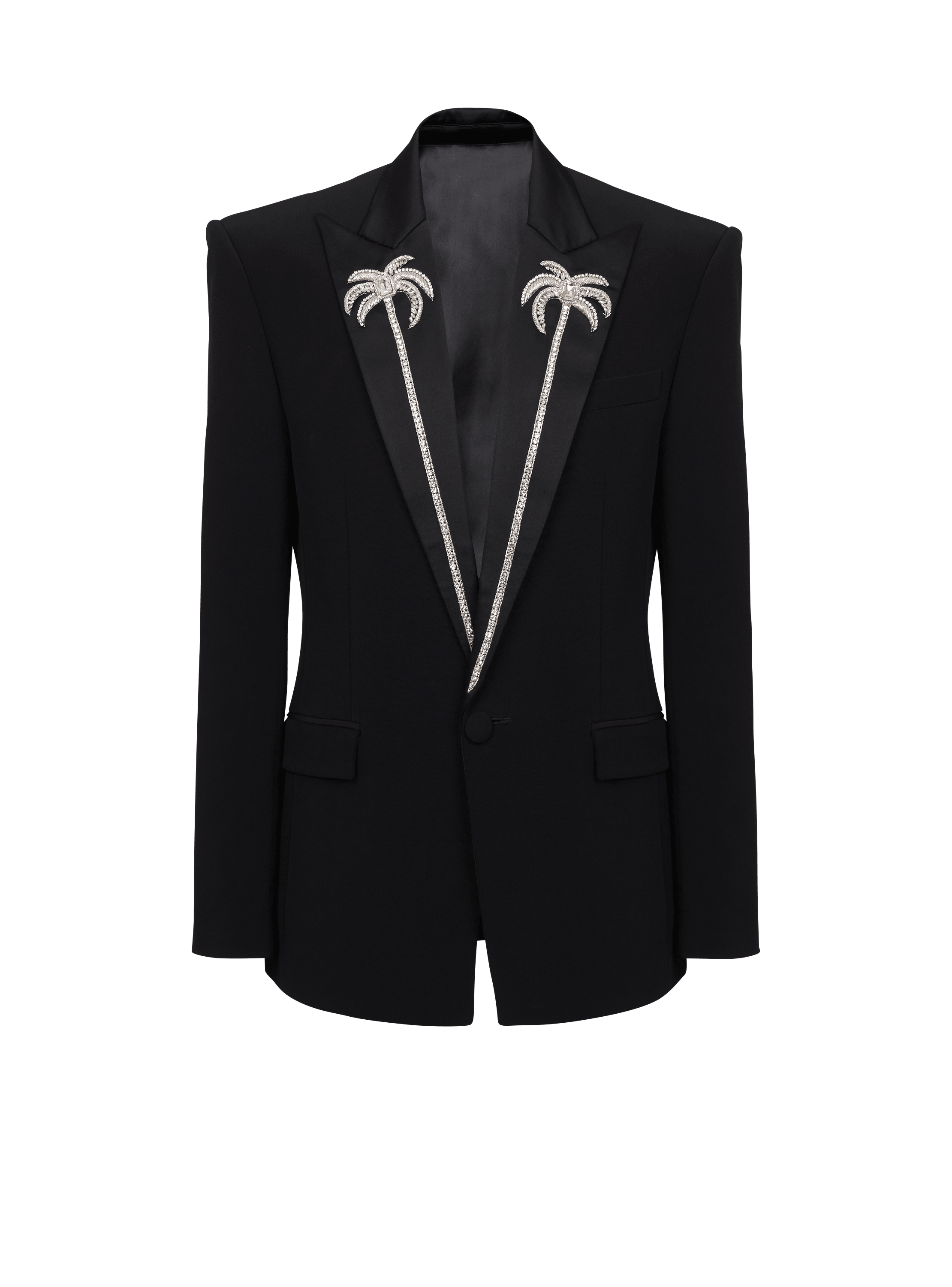 1-button jacket with embroidered palm tree collar