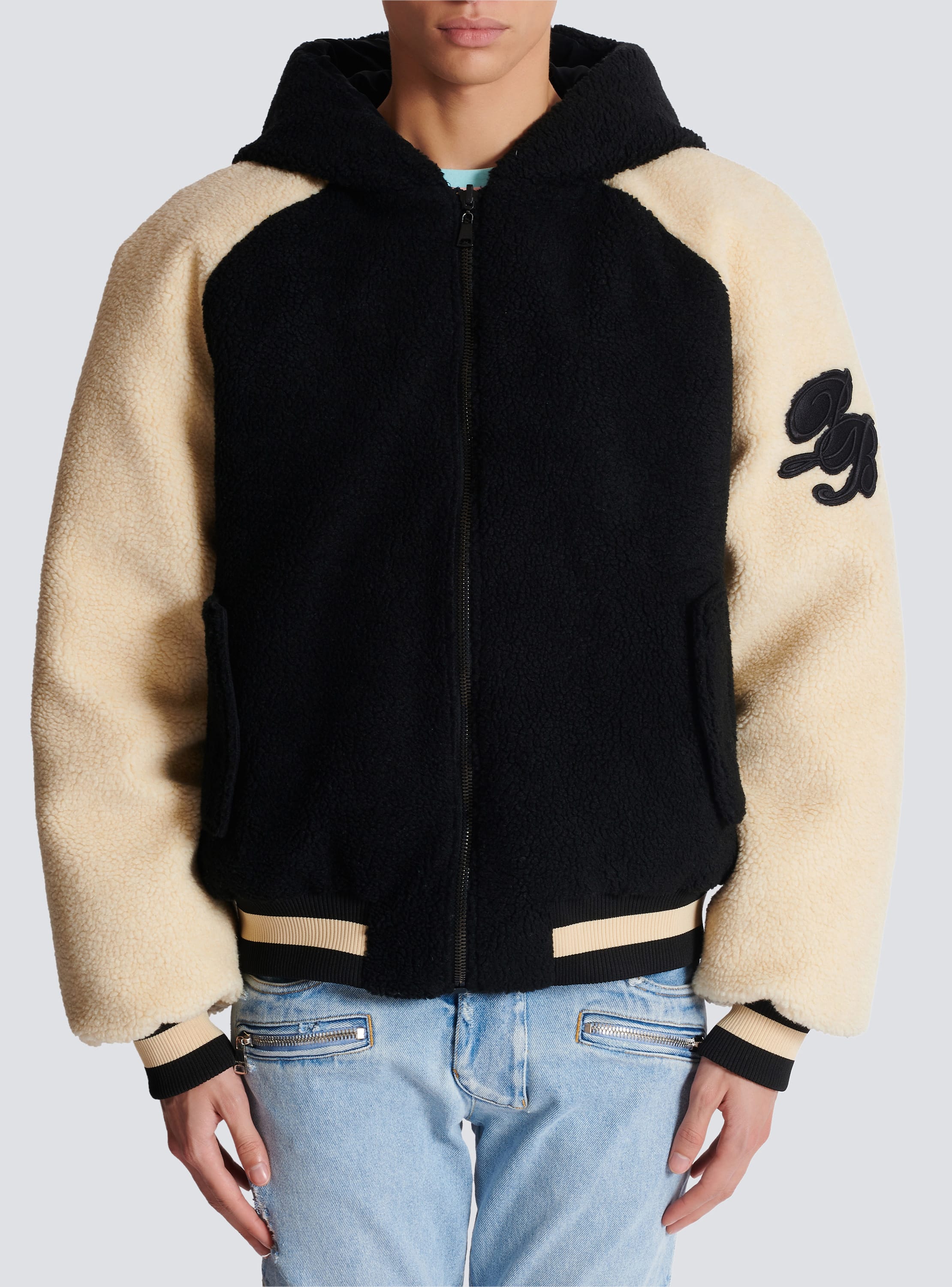 Reversible varsity style puffer jacket with hood