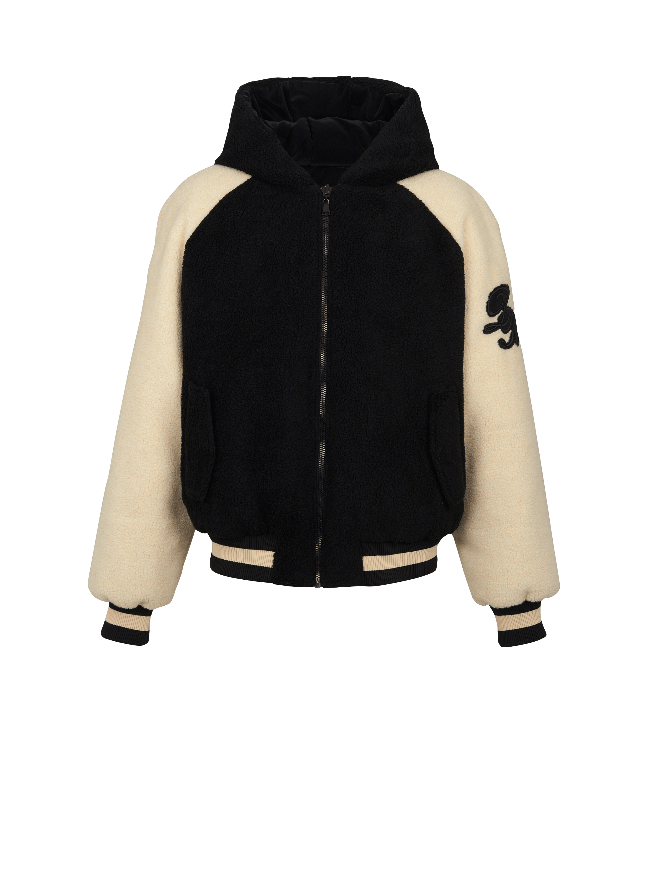 Reversible varsity-style puffer jacket with hood