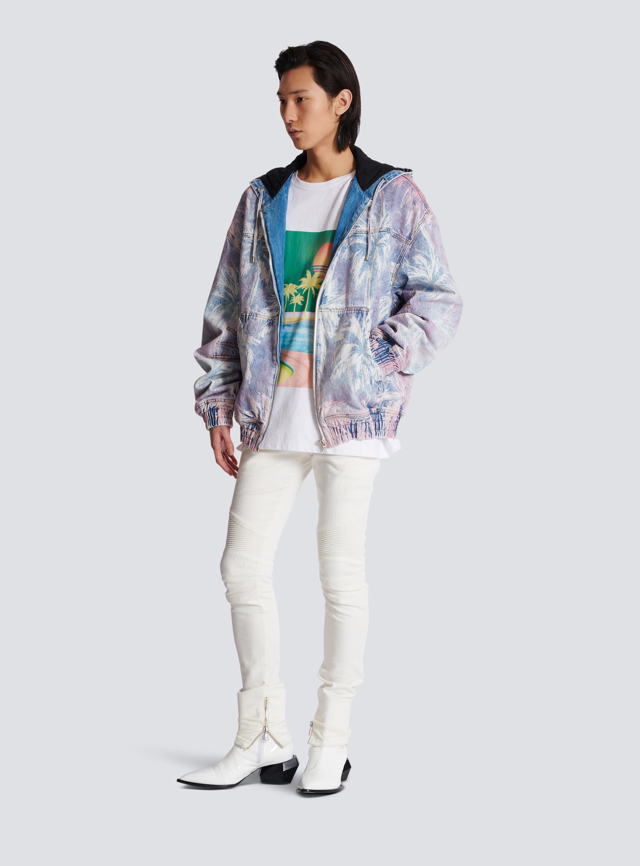 Denim hooded bomber jacket with palm tree print