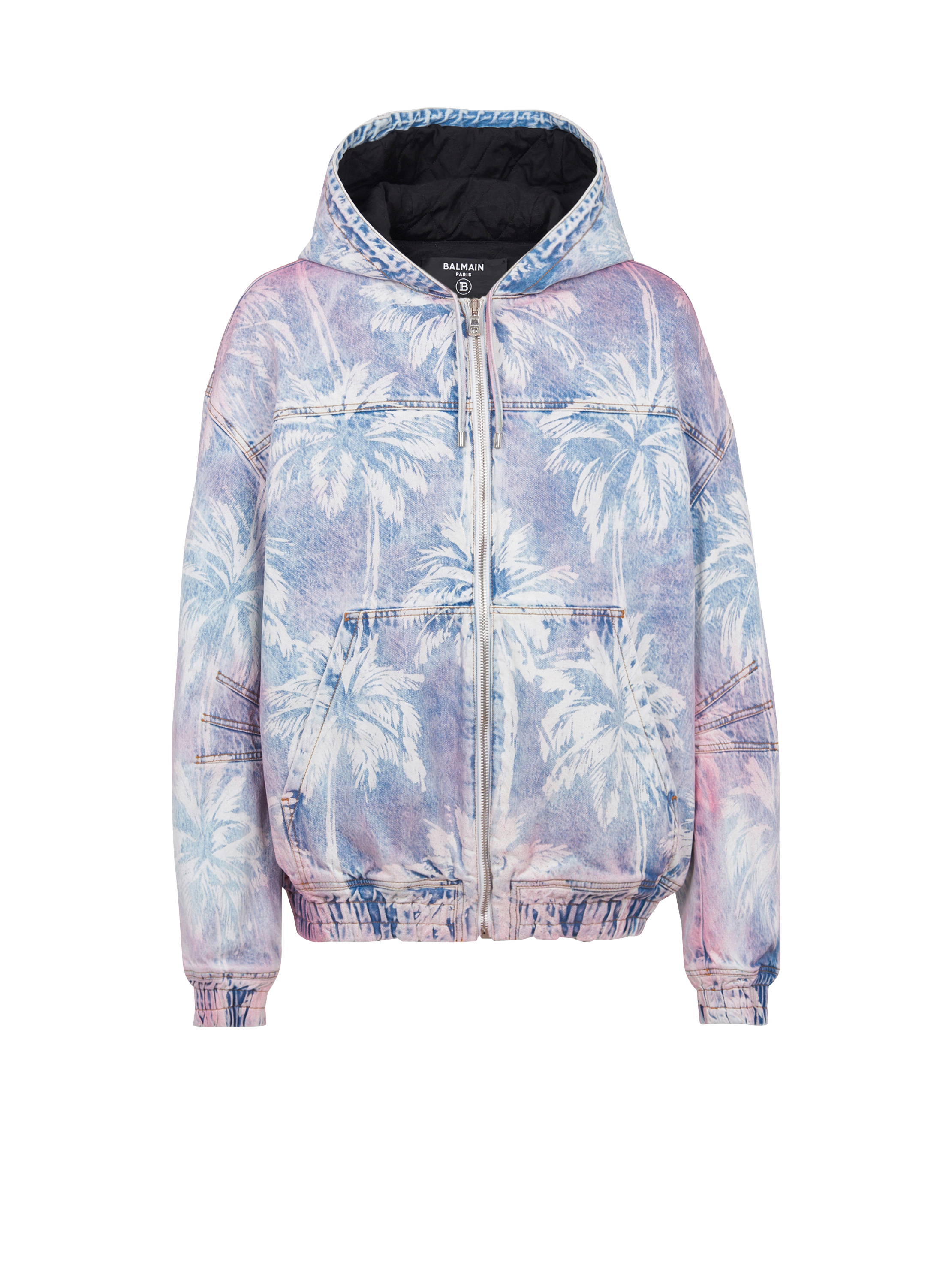 Denim hooded bomber jacket with palm tree print