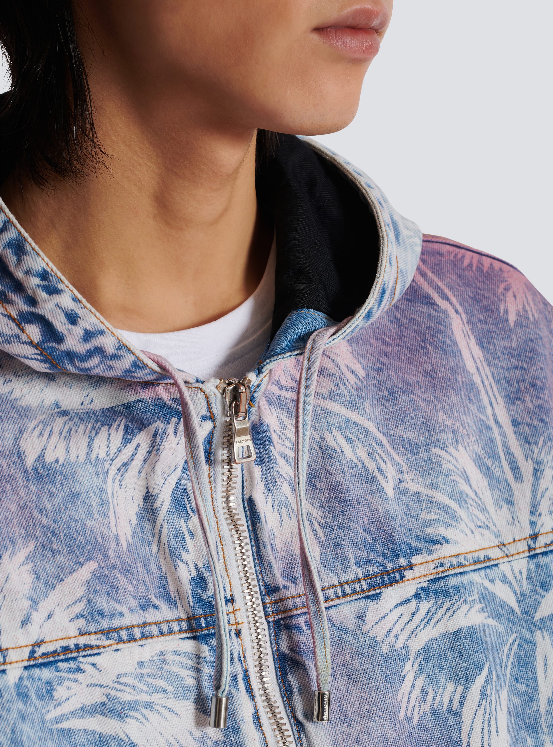 Denim hooded bomber jacket with palm tree print blue Men BALMAIN