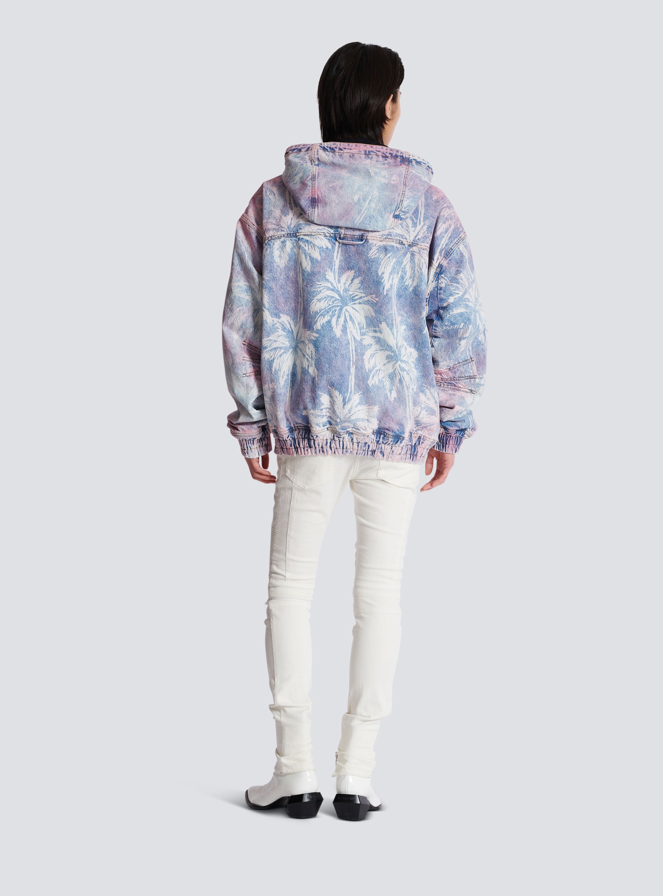 Denim hooded bomber jacket with palm tree print Men BALMAIN