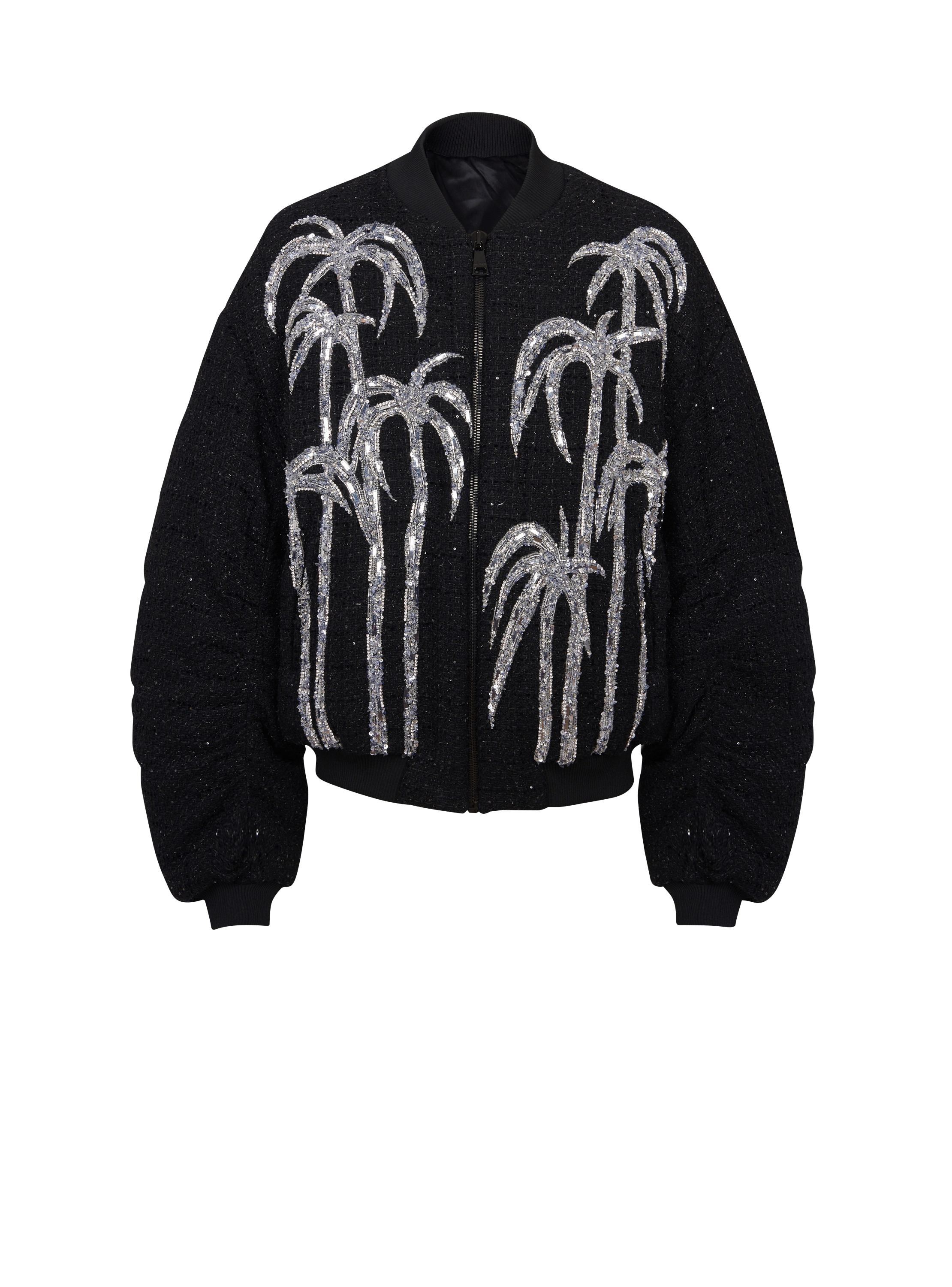 Bomberjacke aus Tweed mit aufgesticktem Palmenmotiv