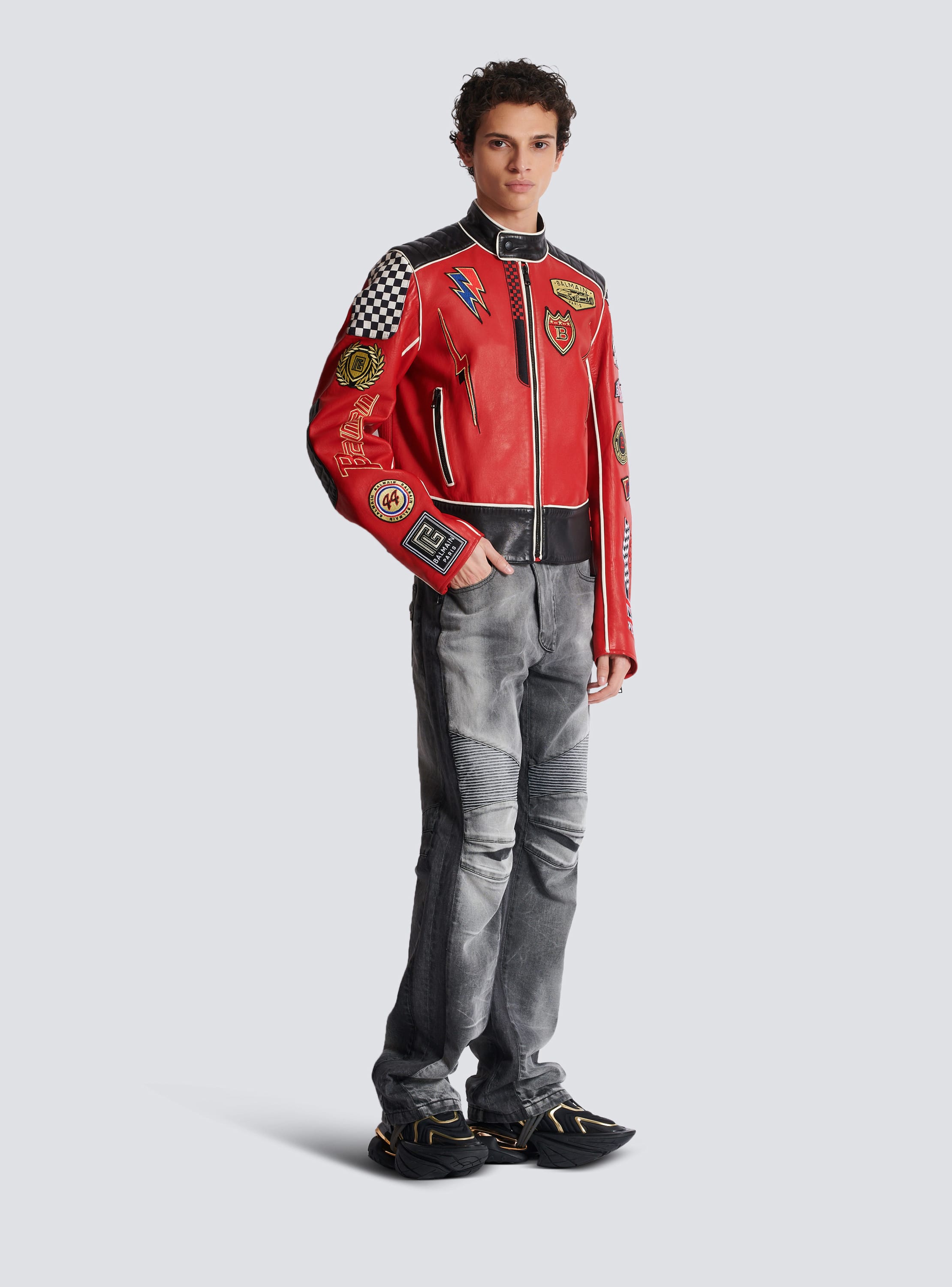 Lambskin jacket with Balmain Racing patches red Men BALMAIN