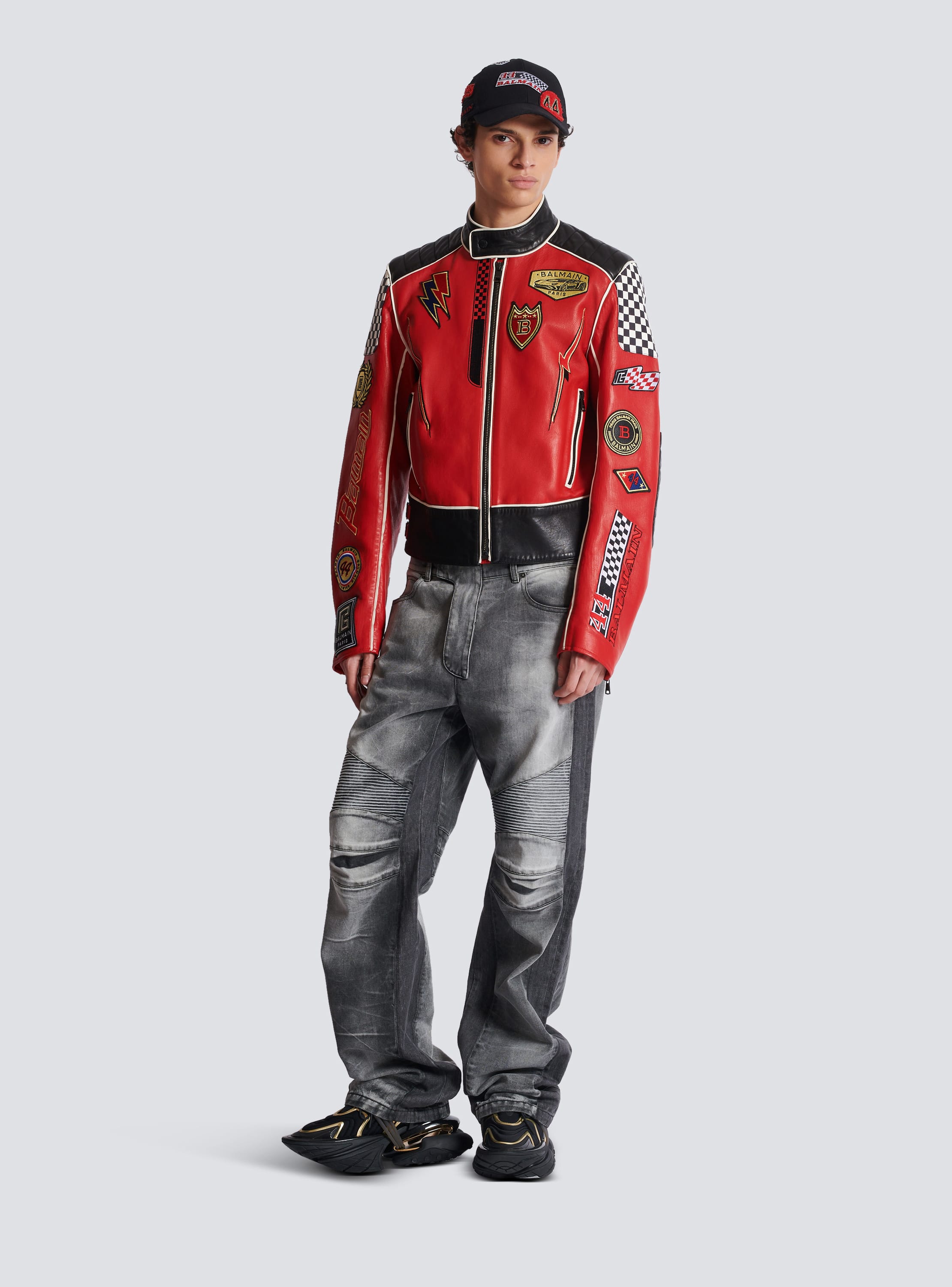 Lambskin jacket with Balmain Racing patches