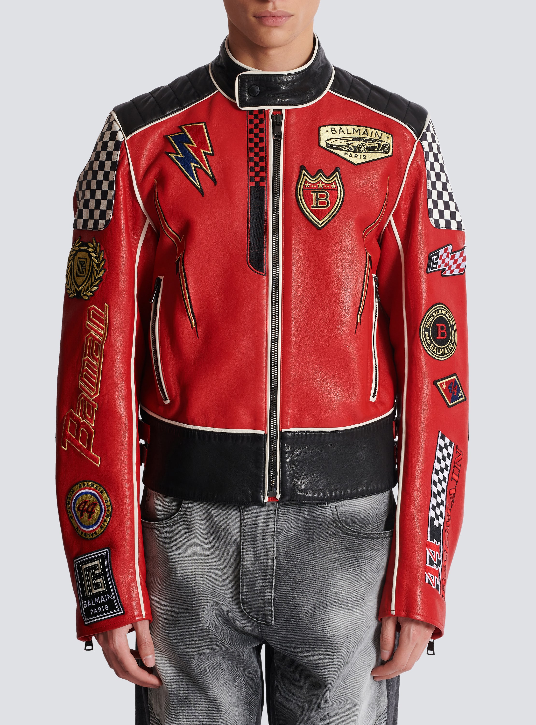 Giacca in pelle d agnello con toppe Balmain Racing Uomo BALMAIN