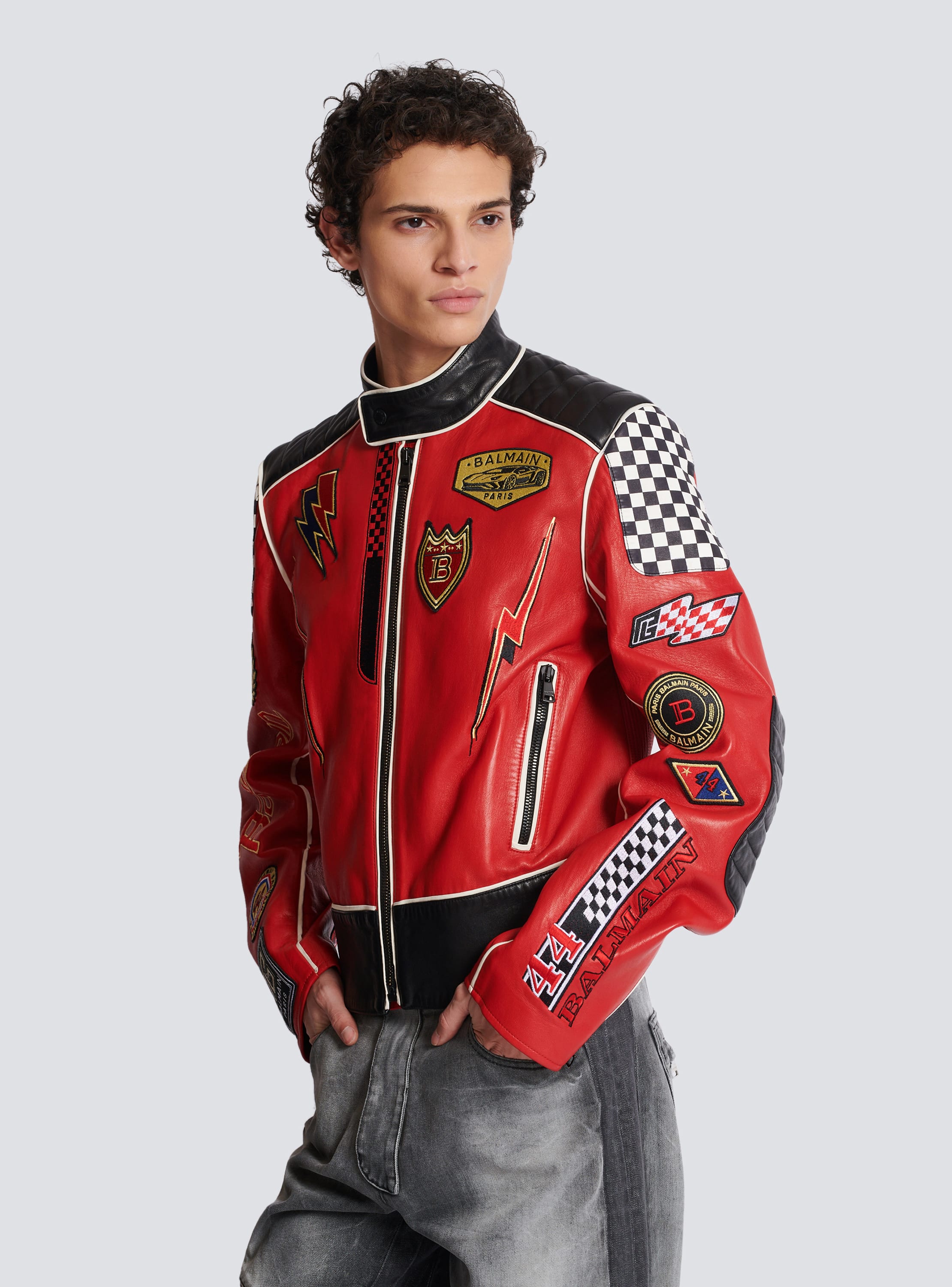 Veste en cuir d agneau a patchs Balmain Racing