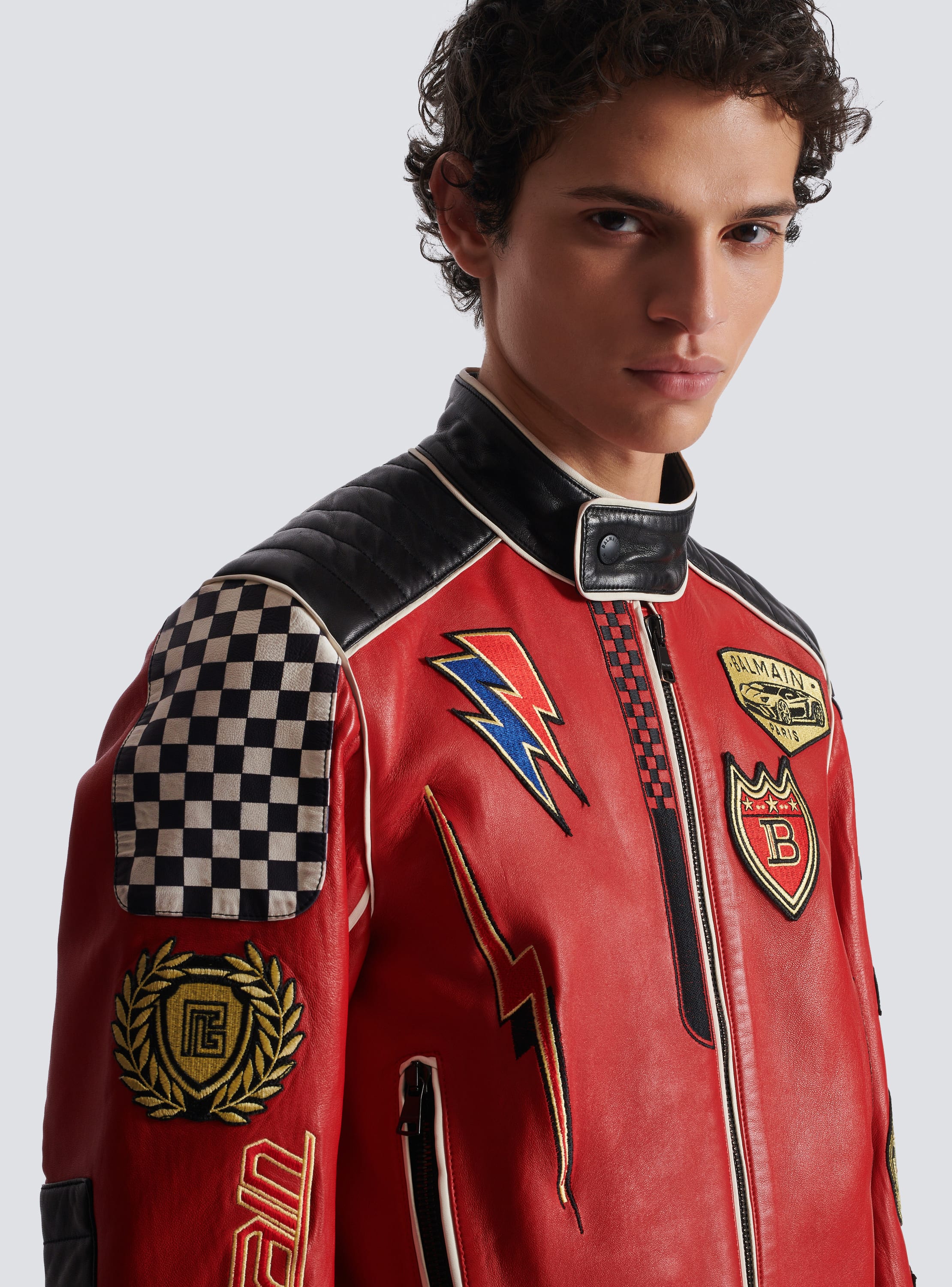 Lambskin jacket with Balmain Racing patches red - Men | BALMAIN