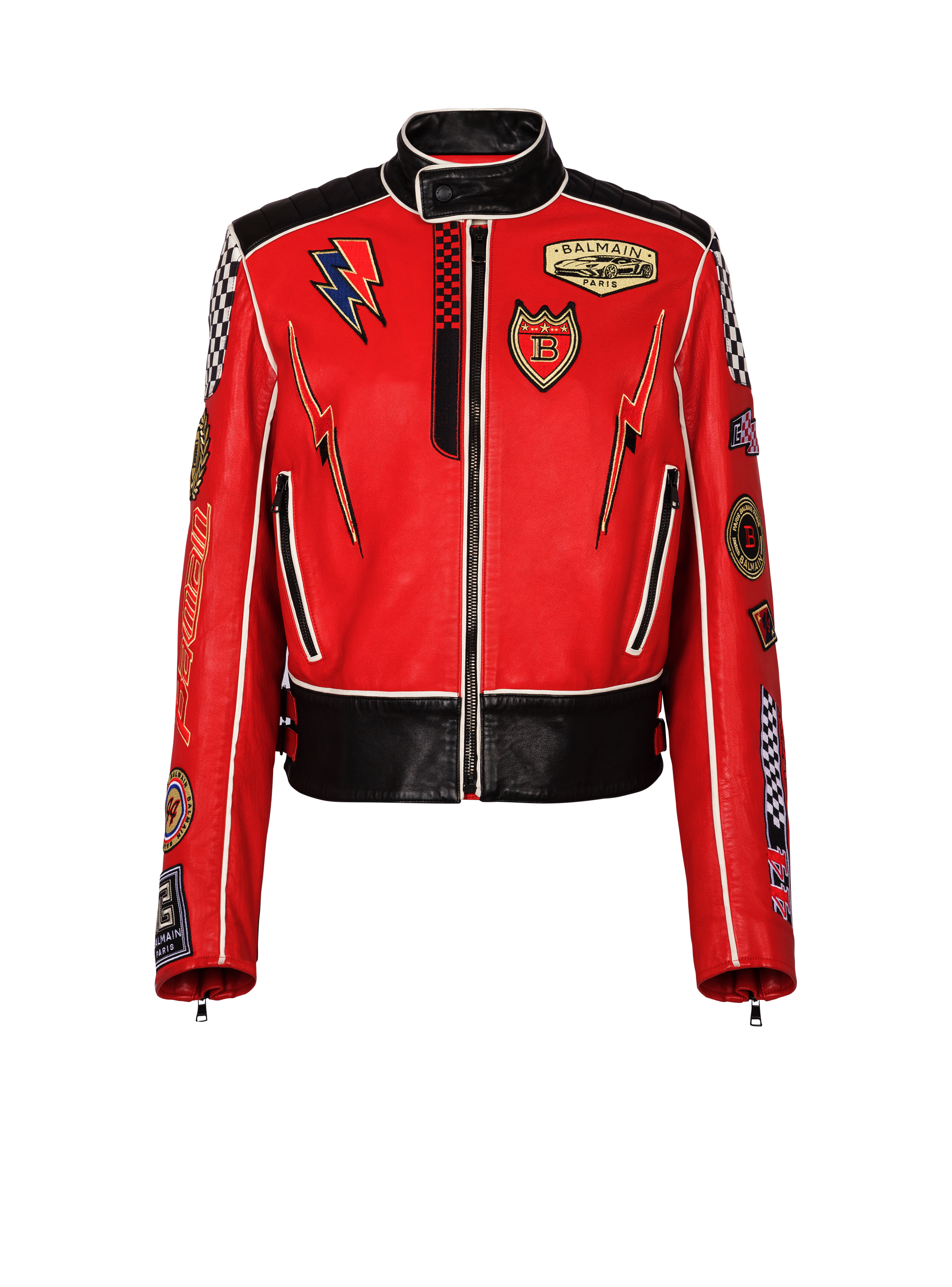 Giacca in pelle d’agnello con toppe Balmain Racing