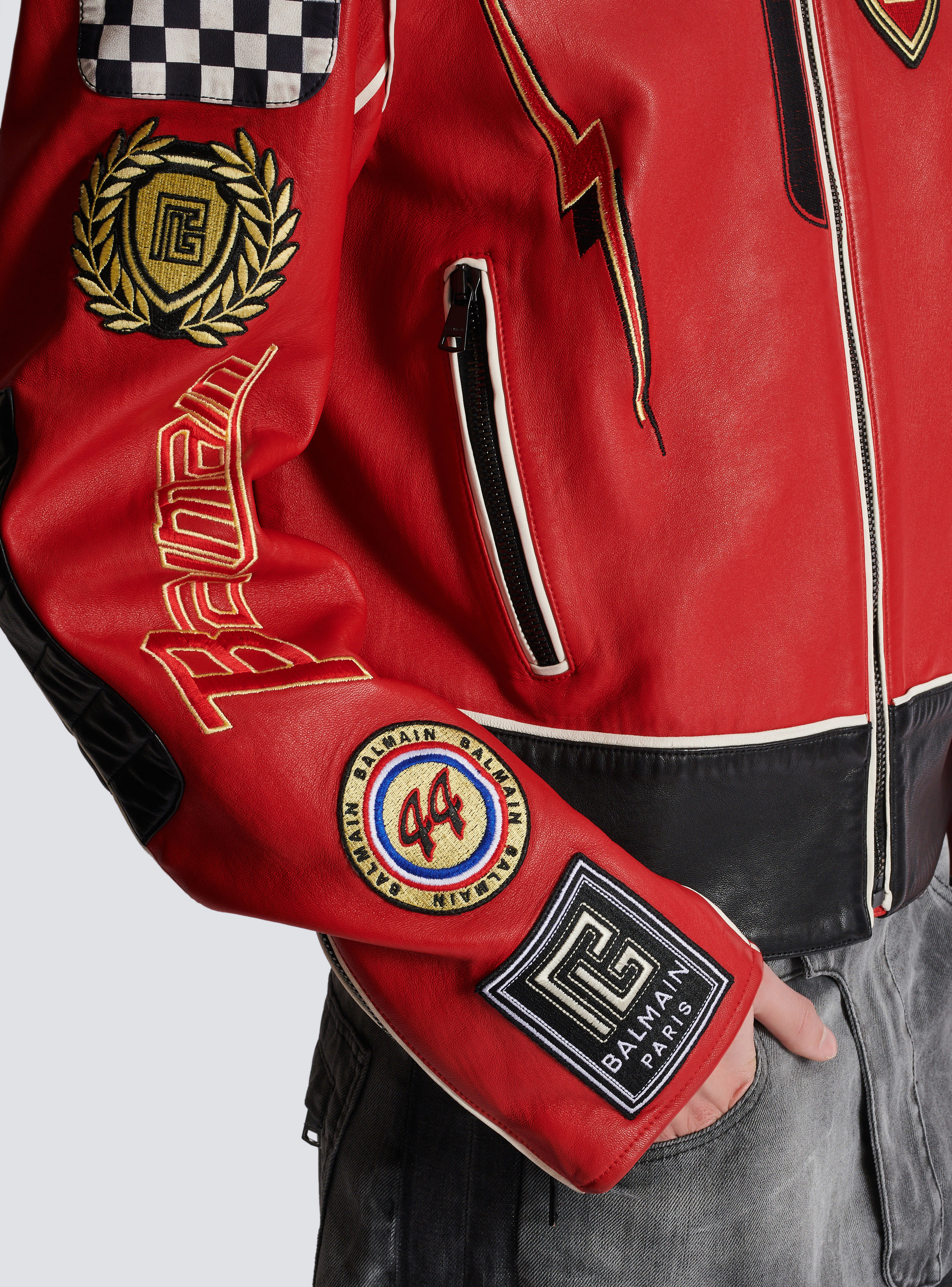 Balmain red leather jacket hotsell