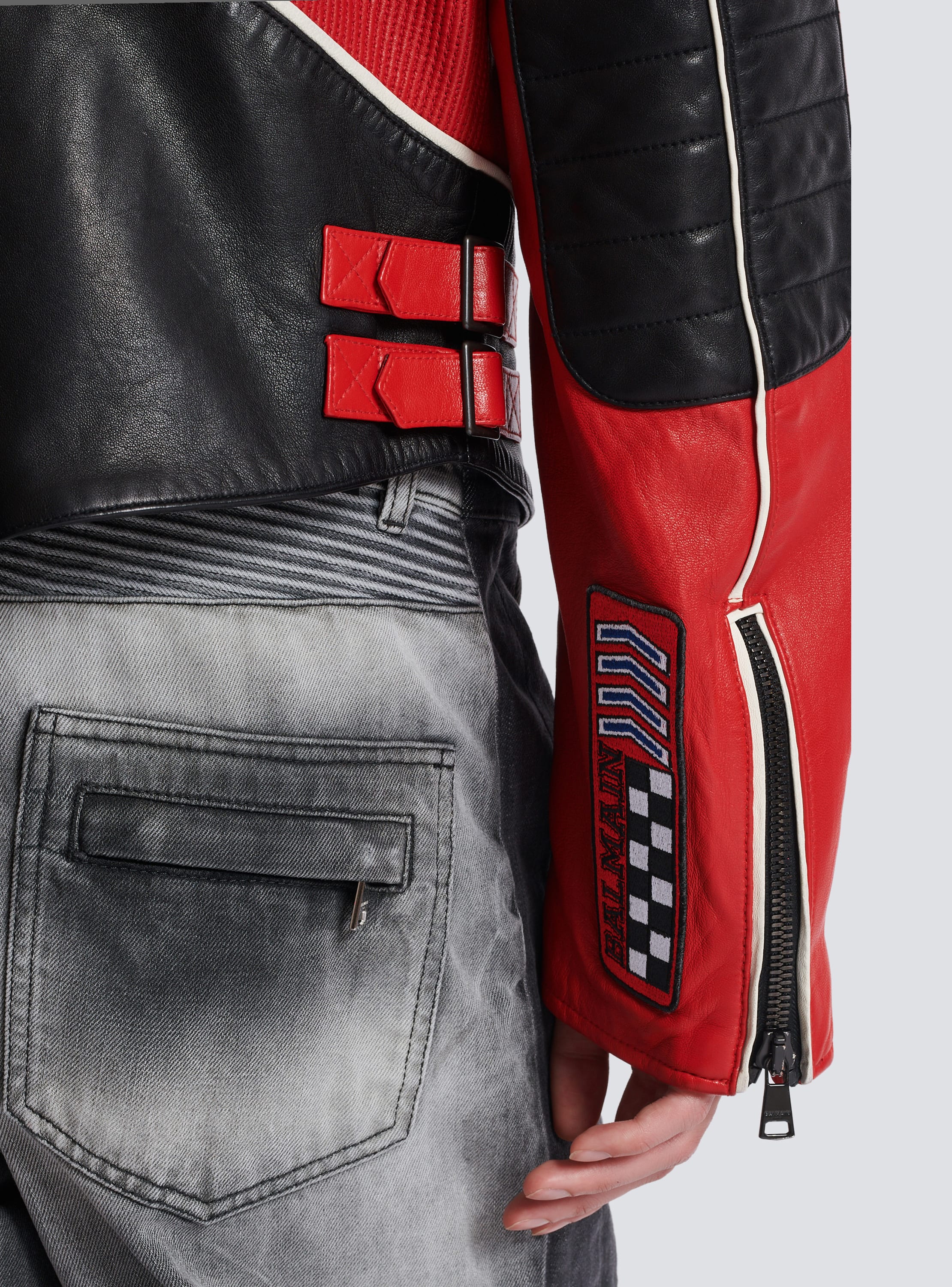 Balmain red leather jacket best sale