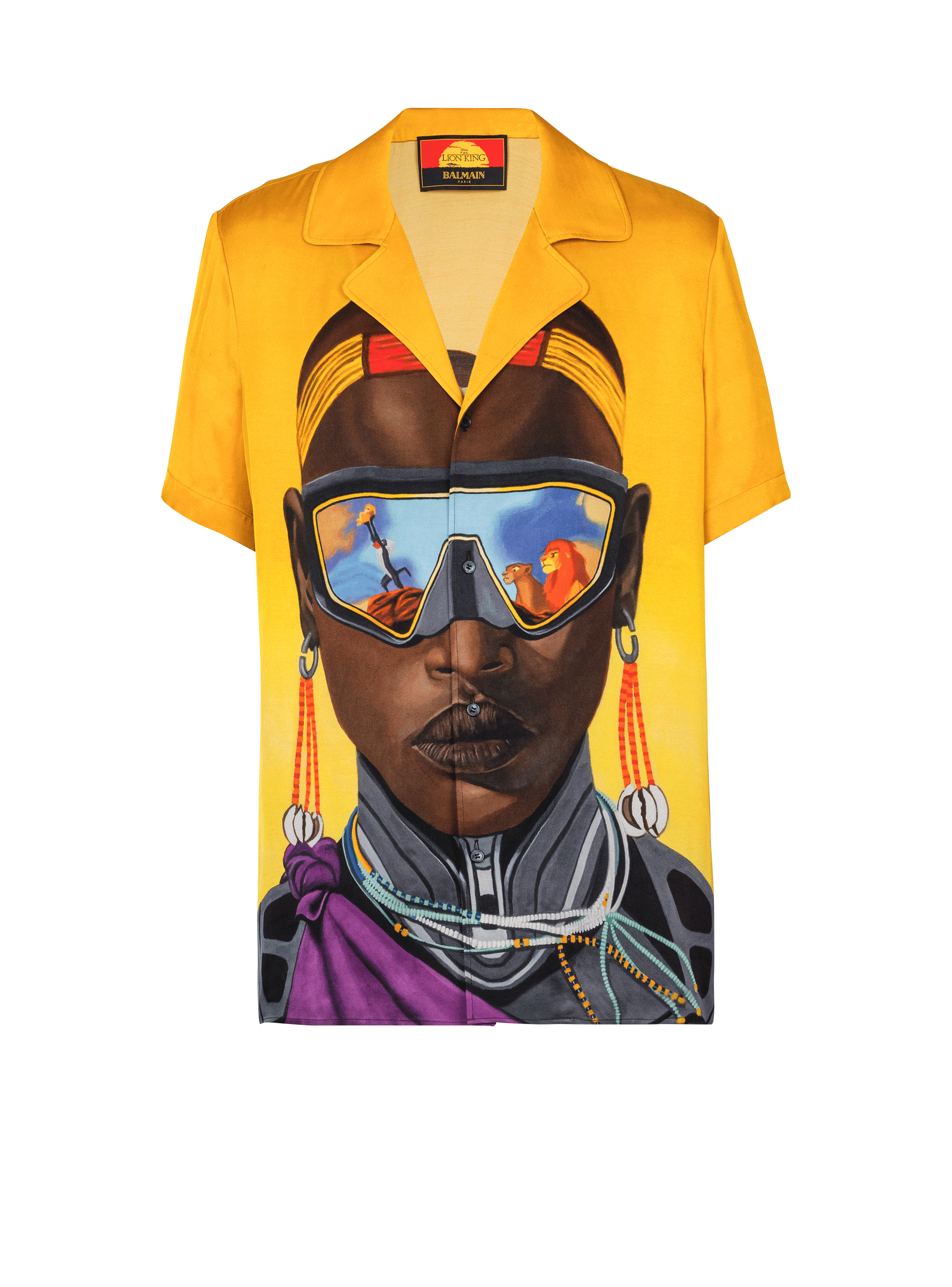 Disney x Balmain: El Rey León - Camisa pijamera de satén con estampado de Nika Mtwana