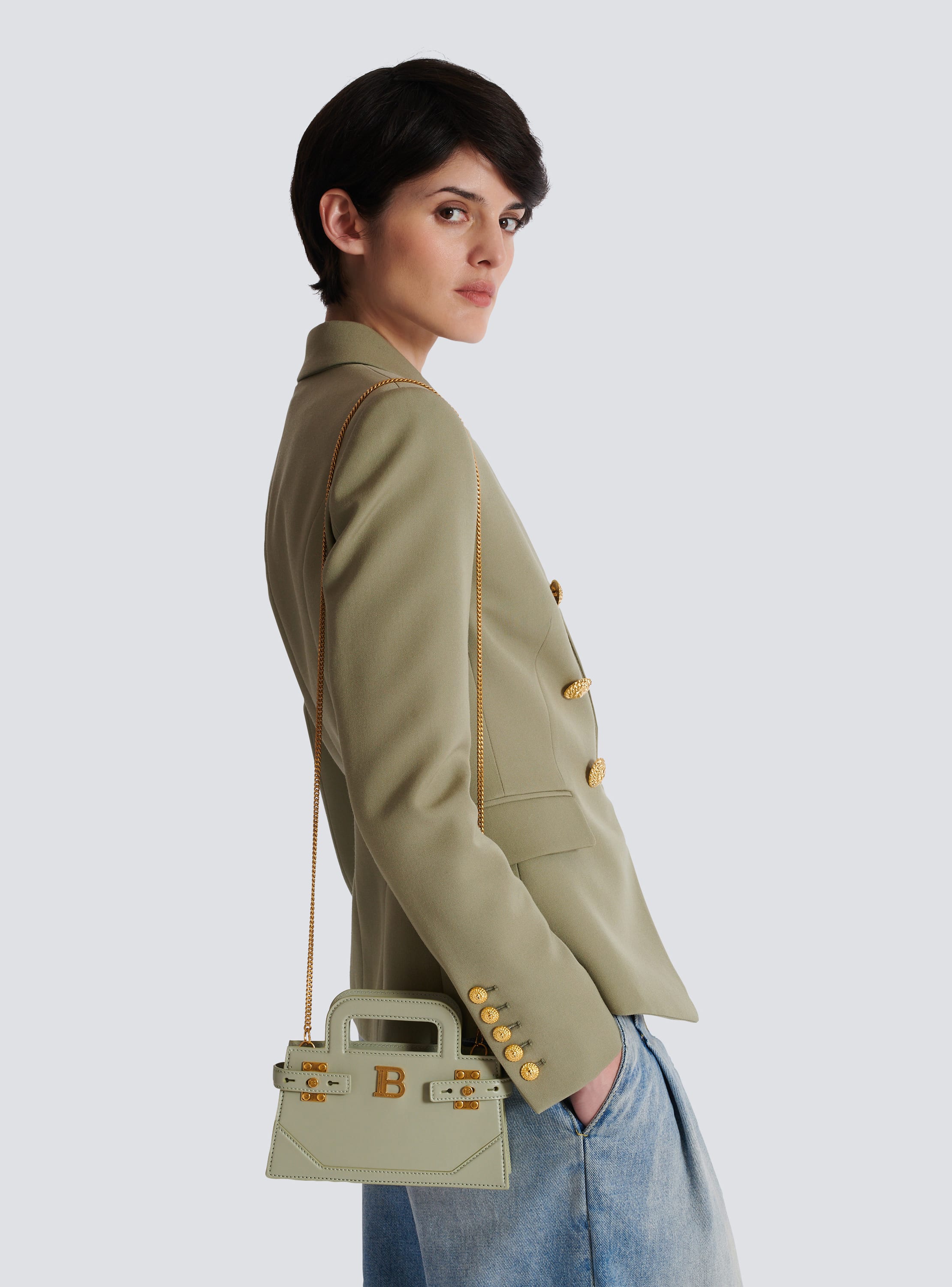 Small B Buzz Top Handle bag in calfskin green Women BALMAIN