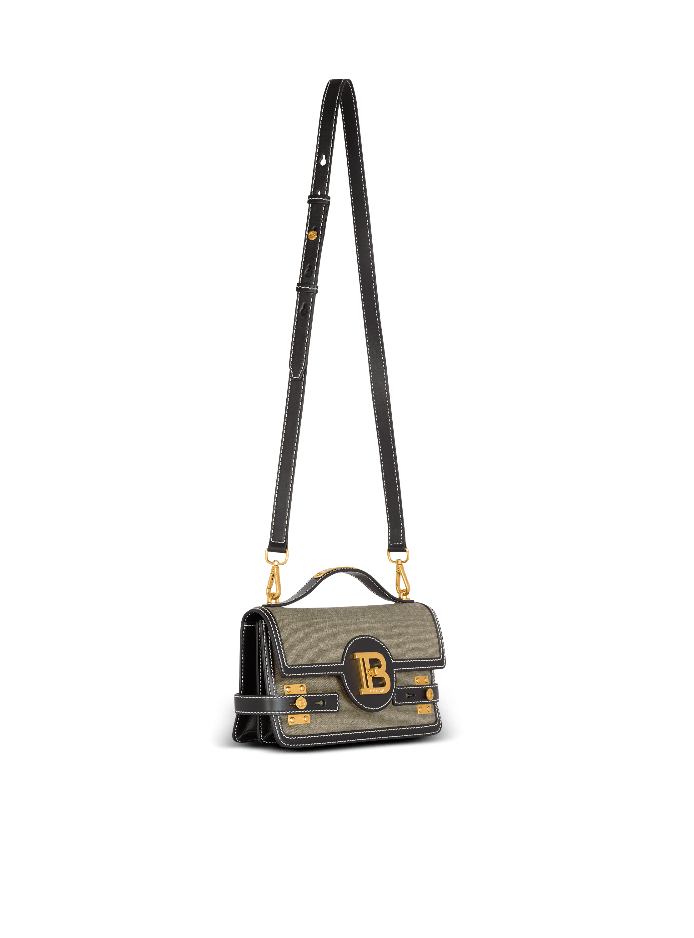 B-Buzz Shoulder 24 leather and canvas bag khaki - Women | BALMAIN