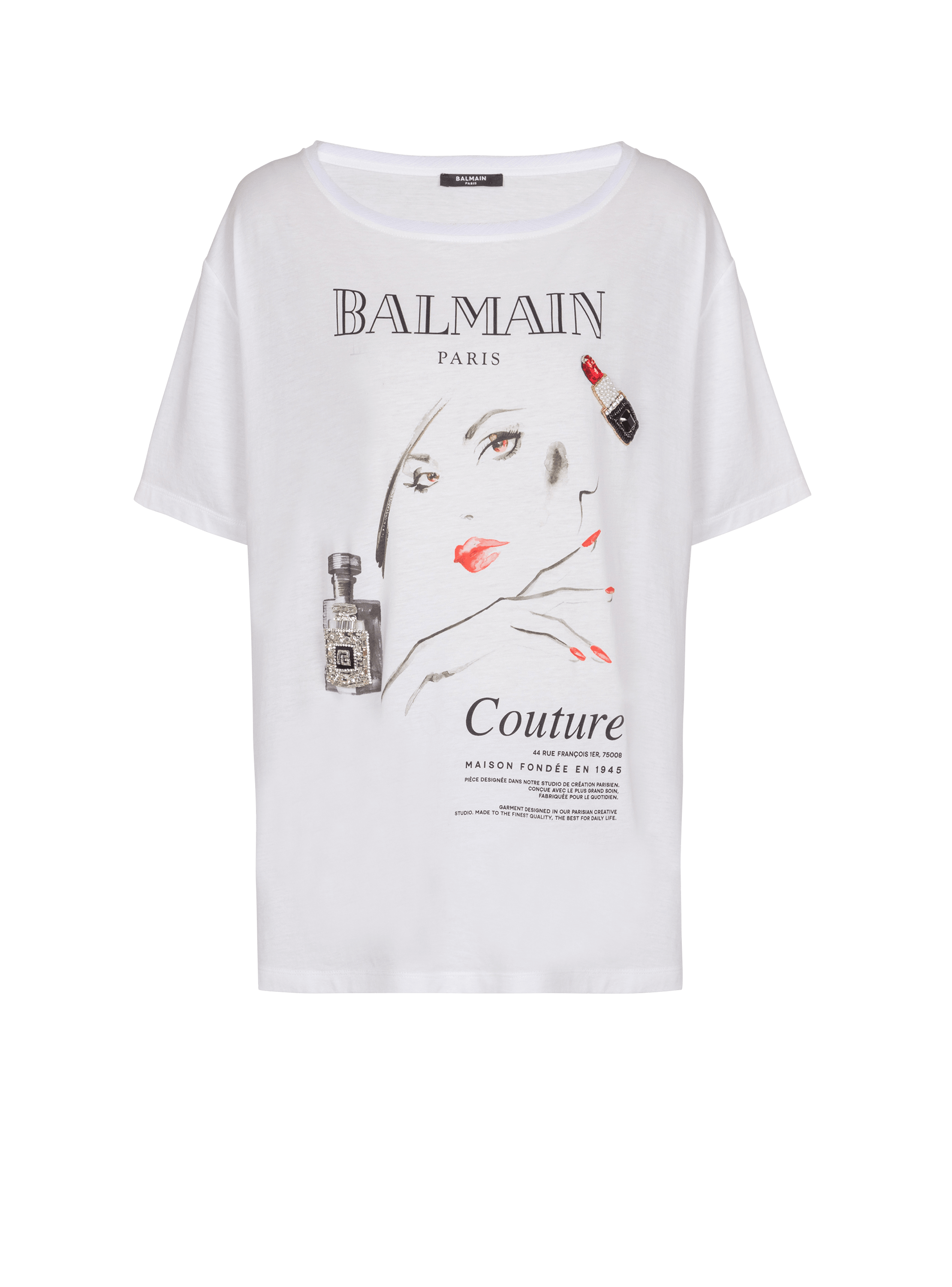 T-Shirt mit Balmain Beauty-Print und Aufnähern