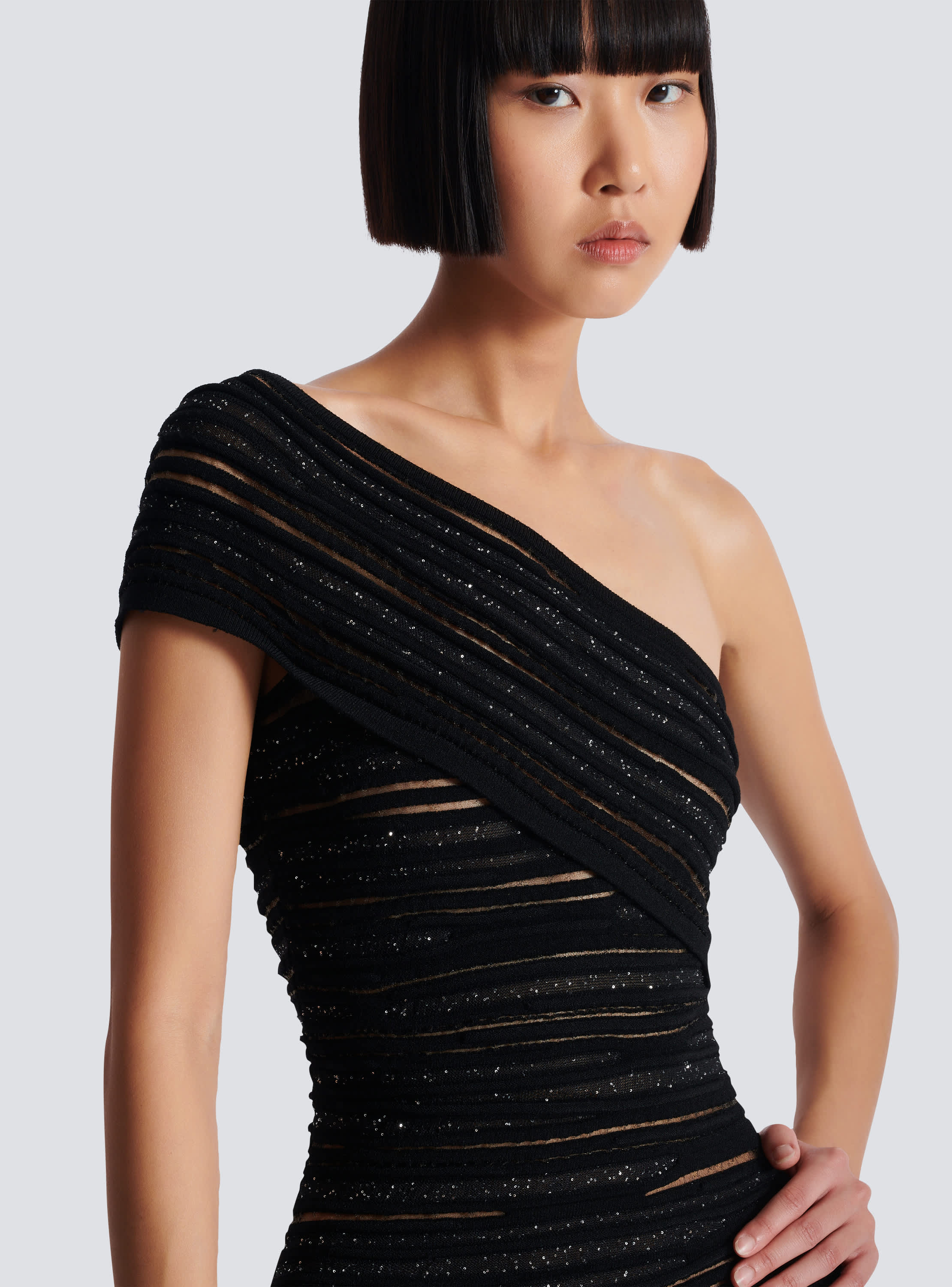 Asymmetrical dress in shiny rolled knit - Women | BALMAIN Asymmetrical dress in shiny rolled knit - Women | BALMAIN