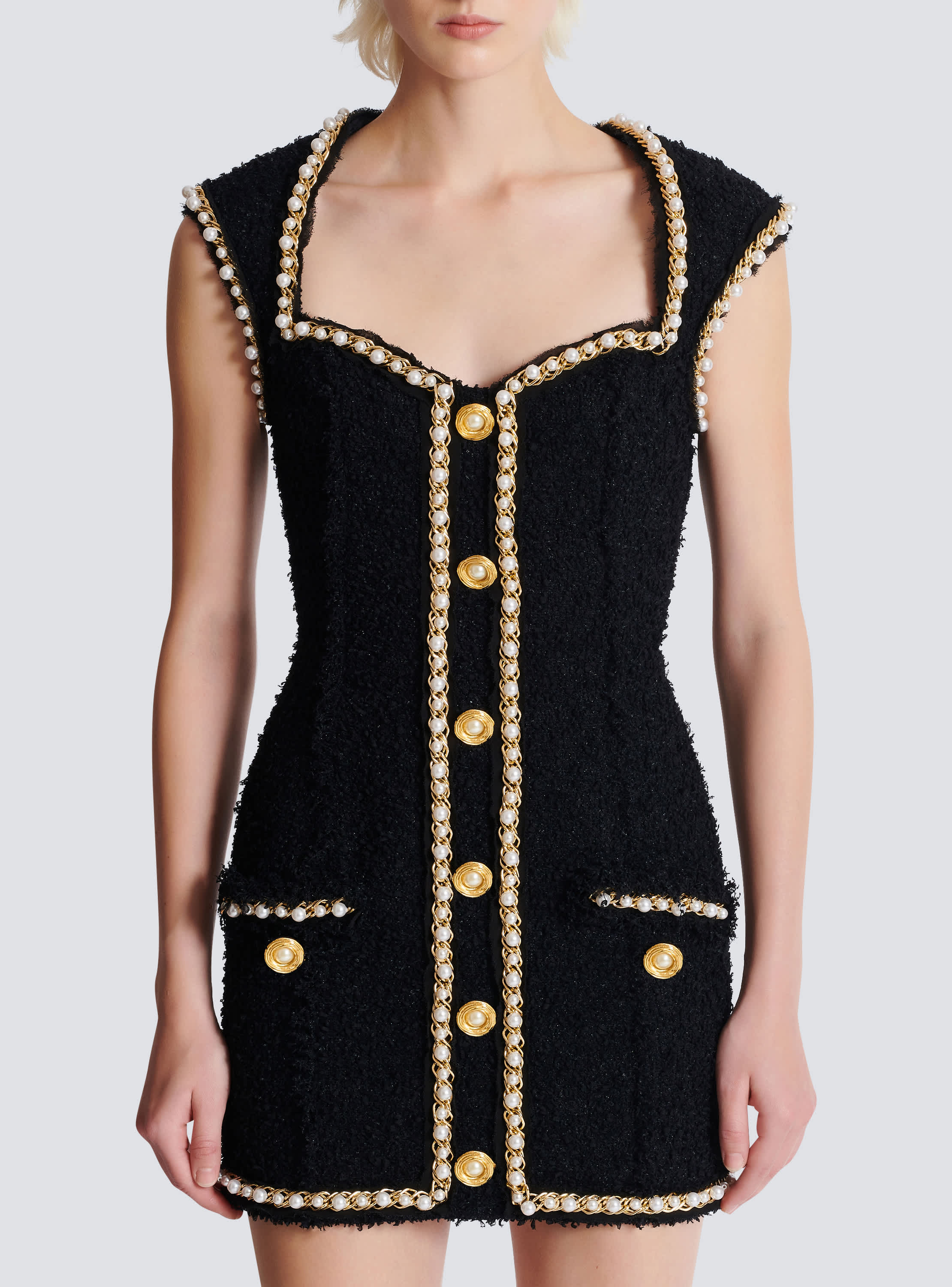 Tweed dress with pearl trim black - Women | BALMAIN