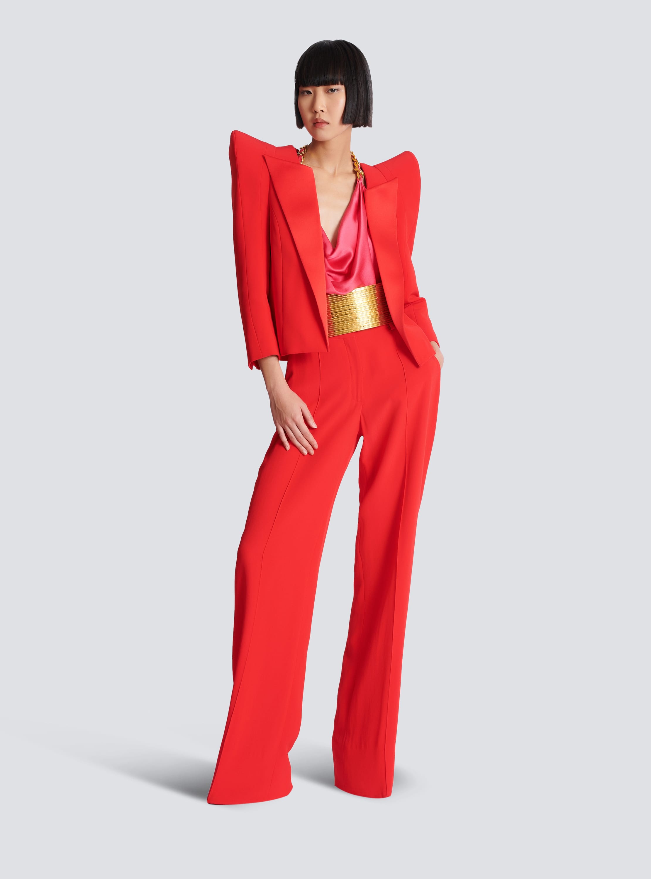 Cropped crepe jacket with structured shoulders