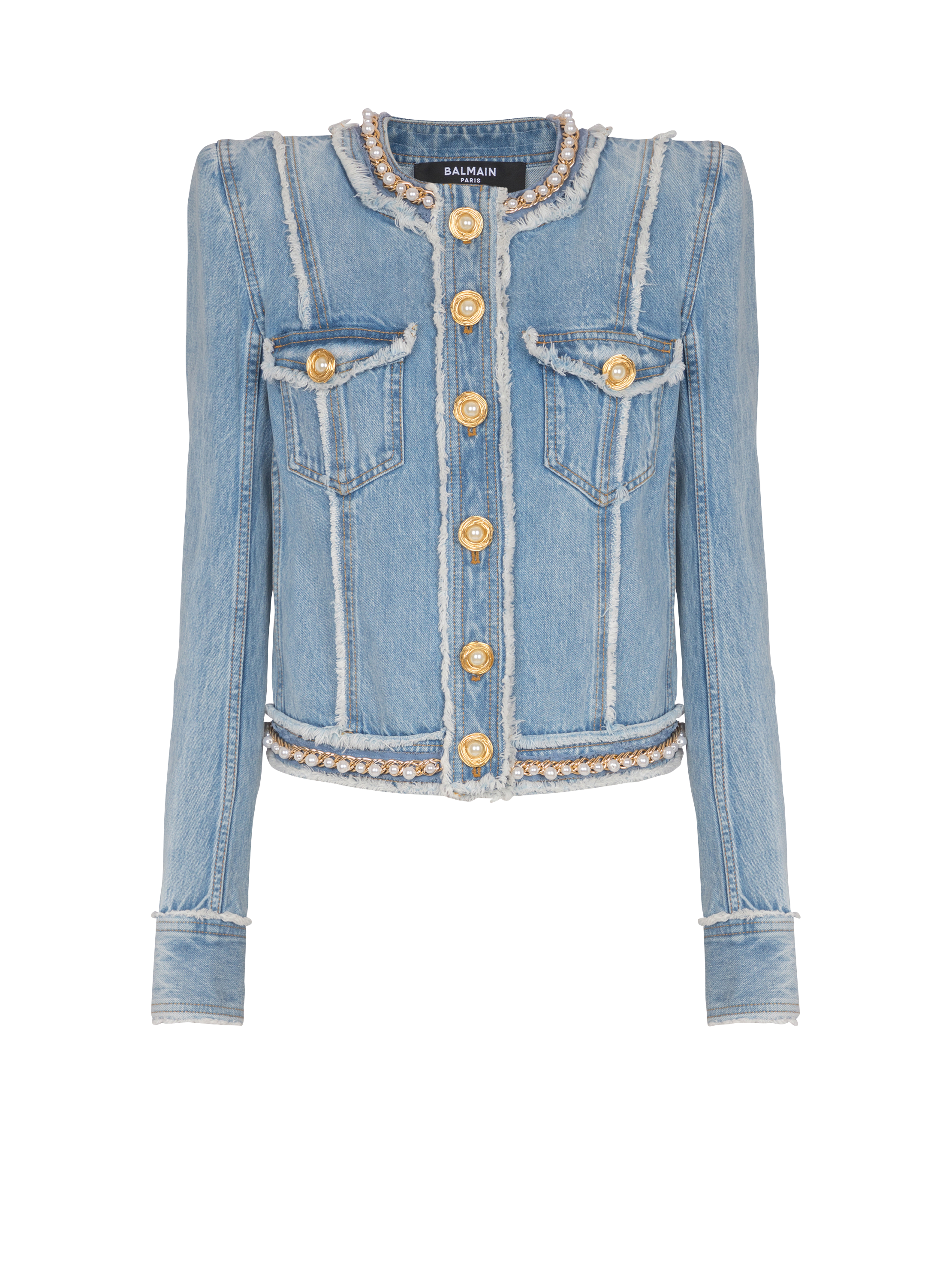 Denim jacket with pearl trim