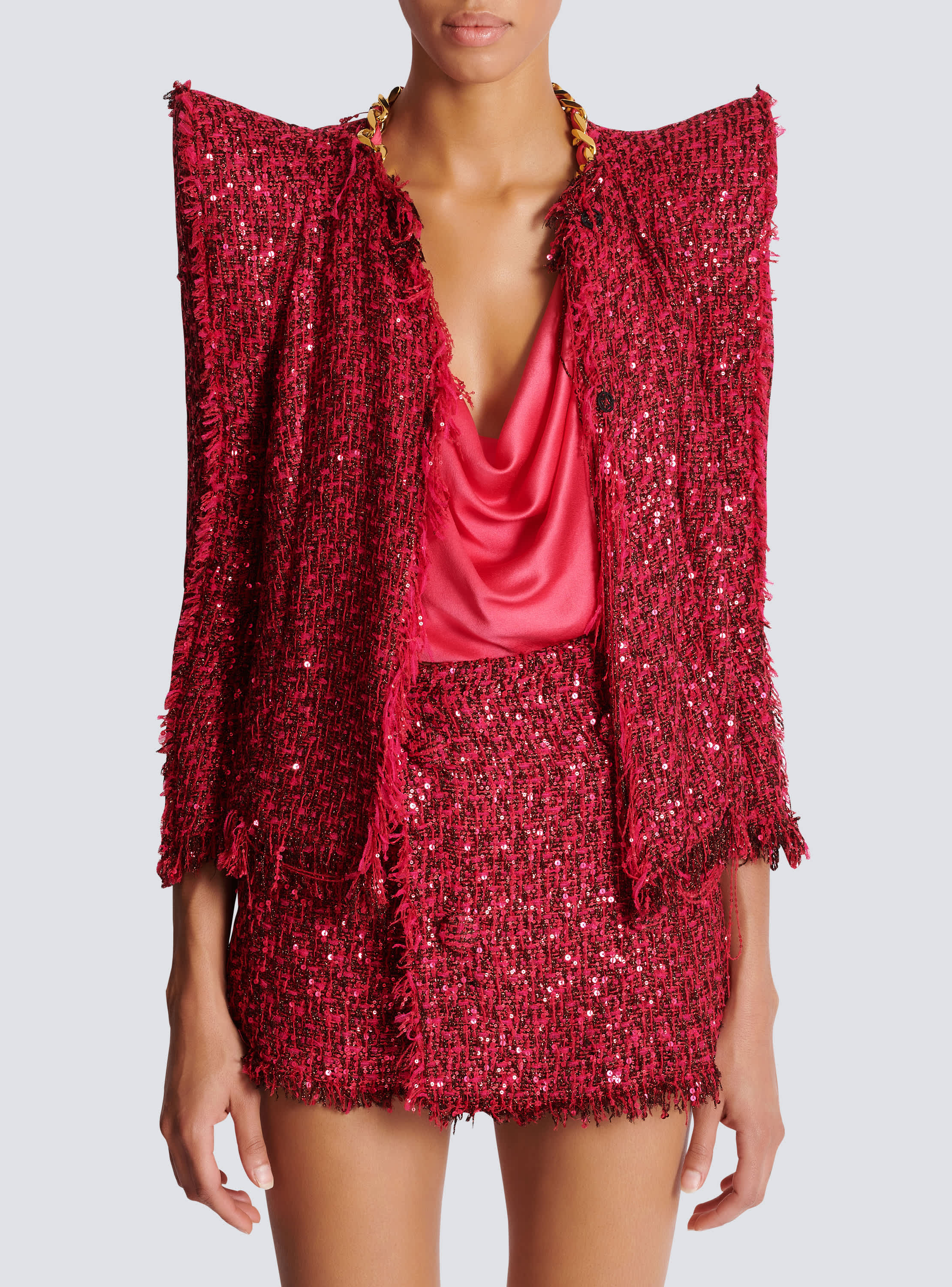Edge-to-edge sequin tweed jacket pink - Women | BALMAIN