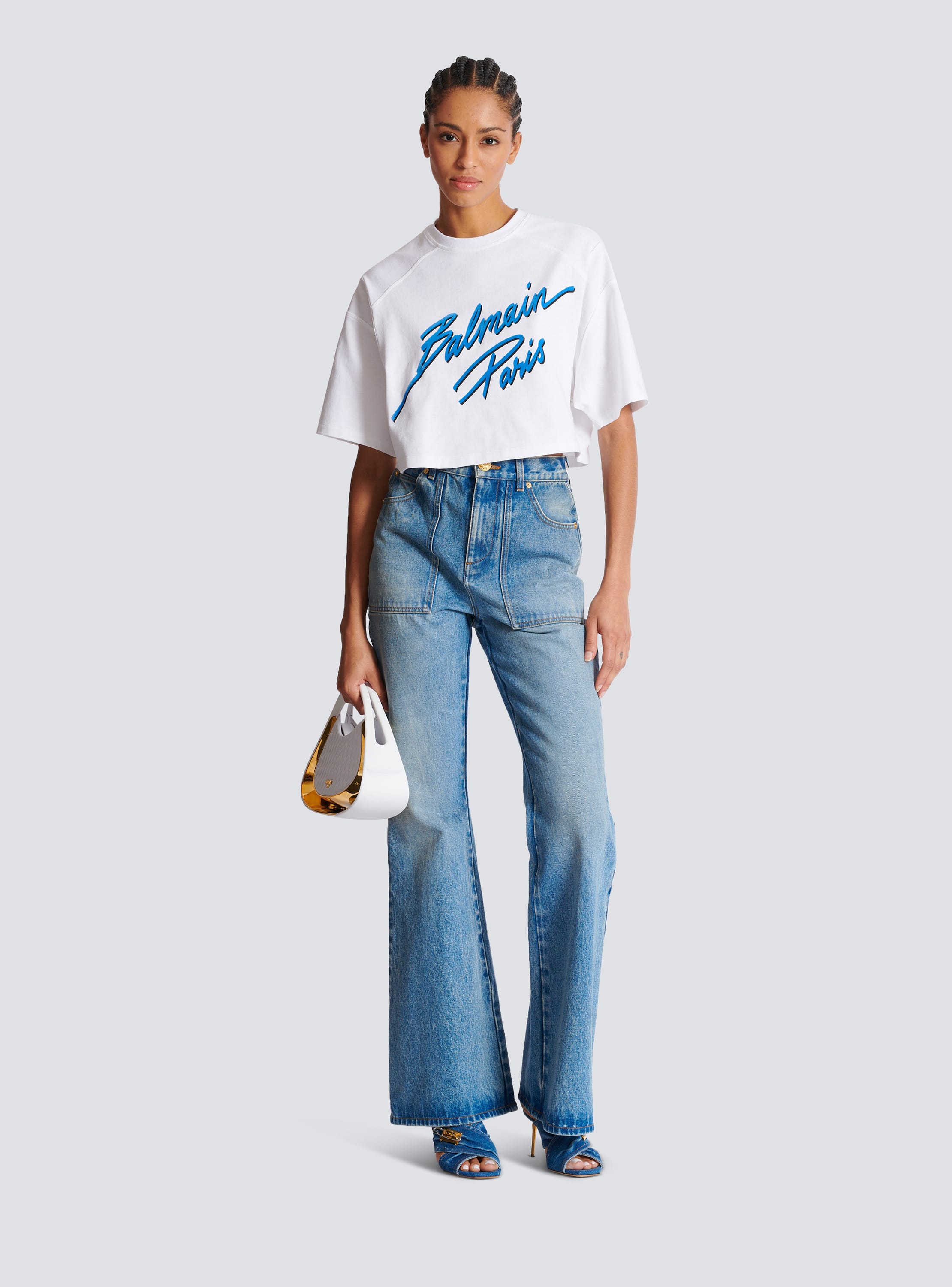 Cropped T-shirt with flocked Balmain Letter logo