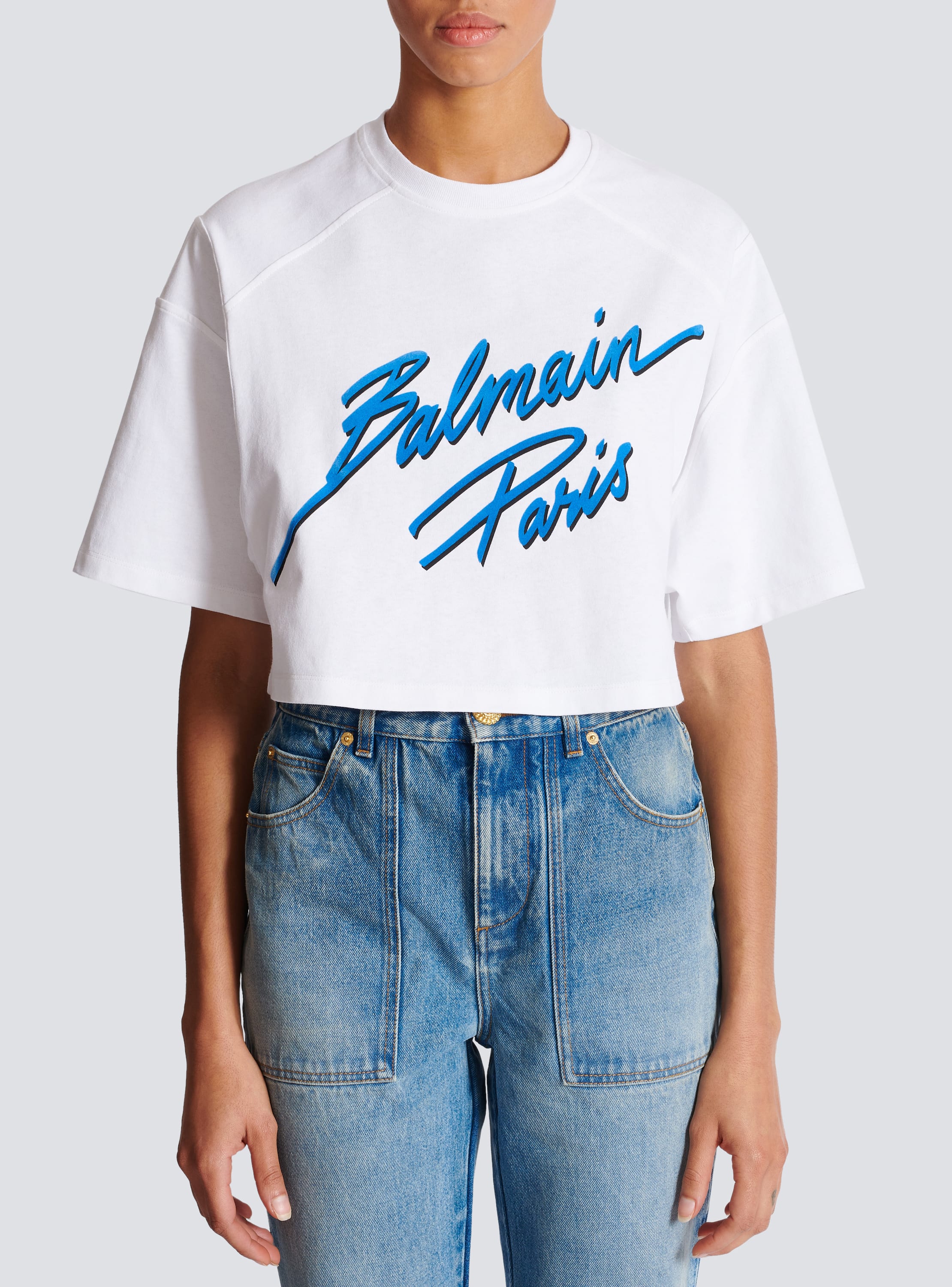 Cropped T-shirt with flocked Balmain Letter logo - Women