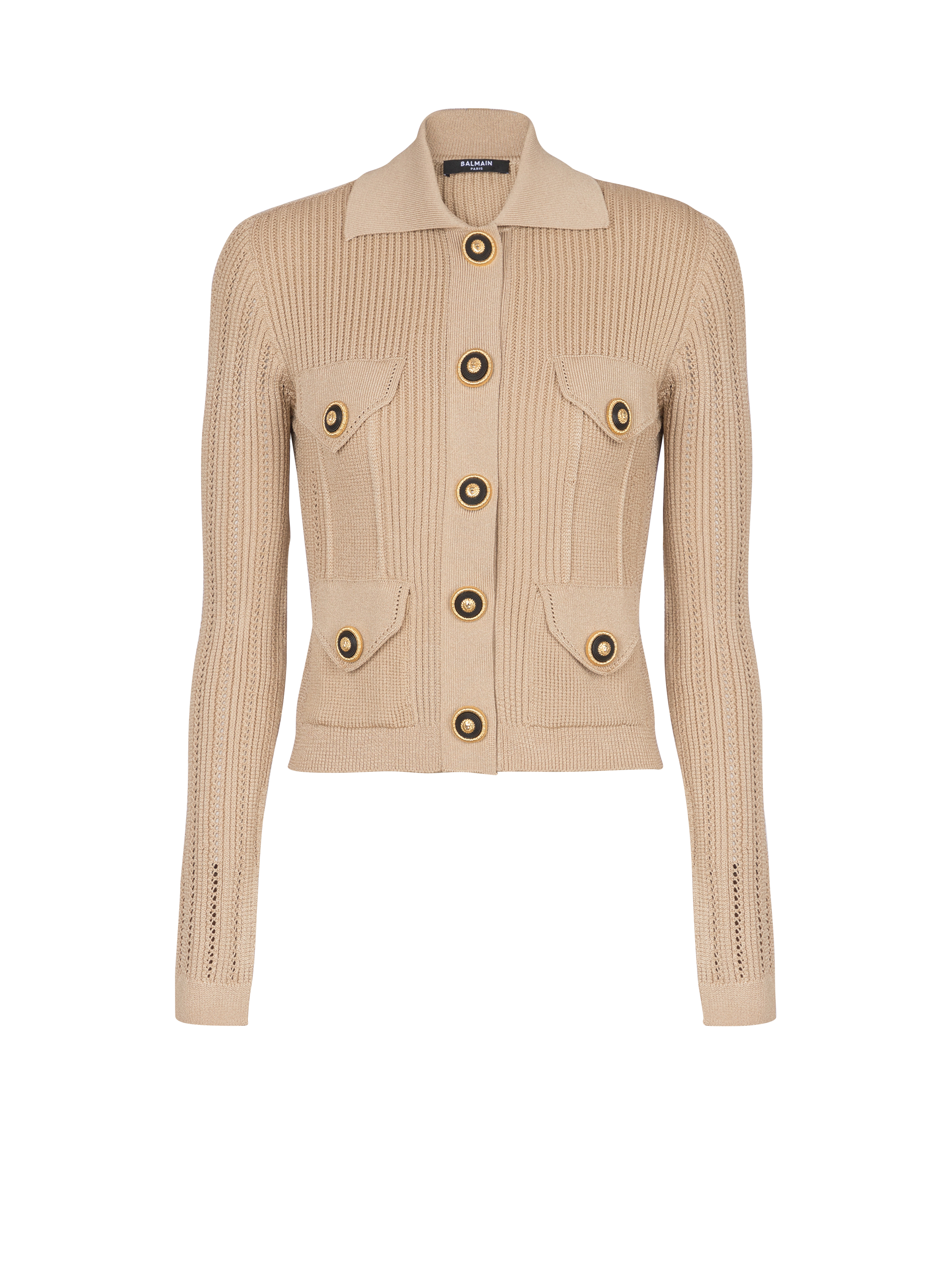 Cropped ribbed knit cardigan with openwork details