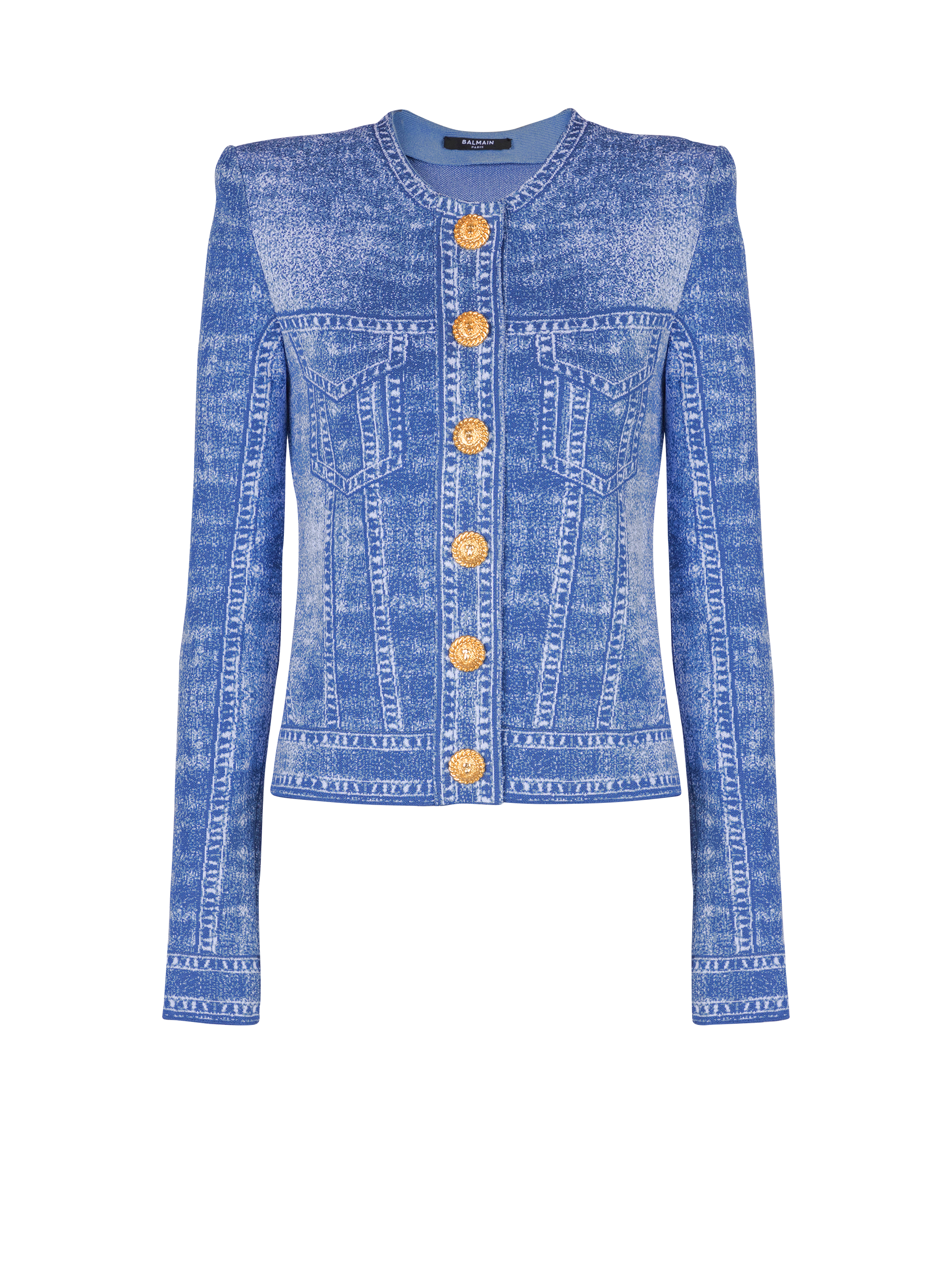 Jacquard knit cardigan with denim effect