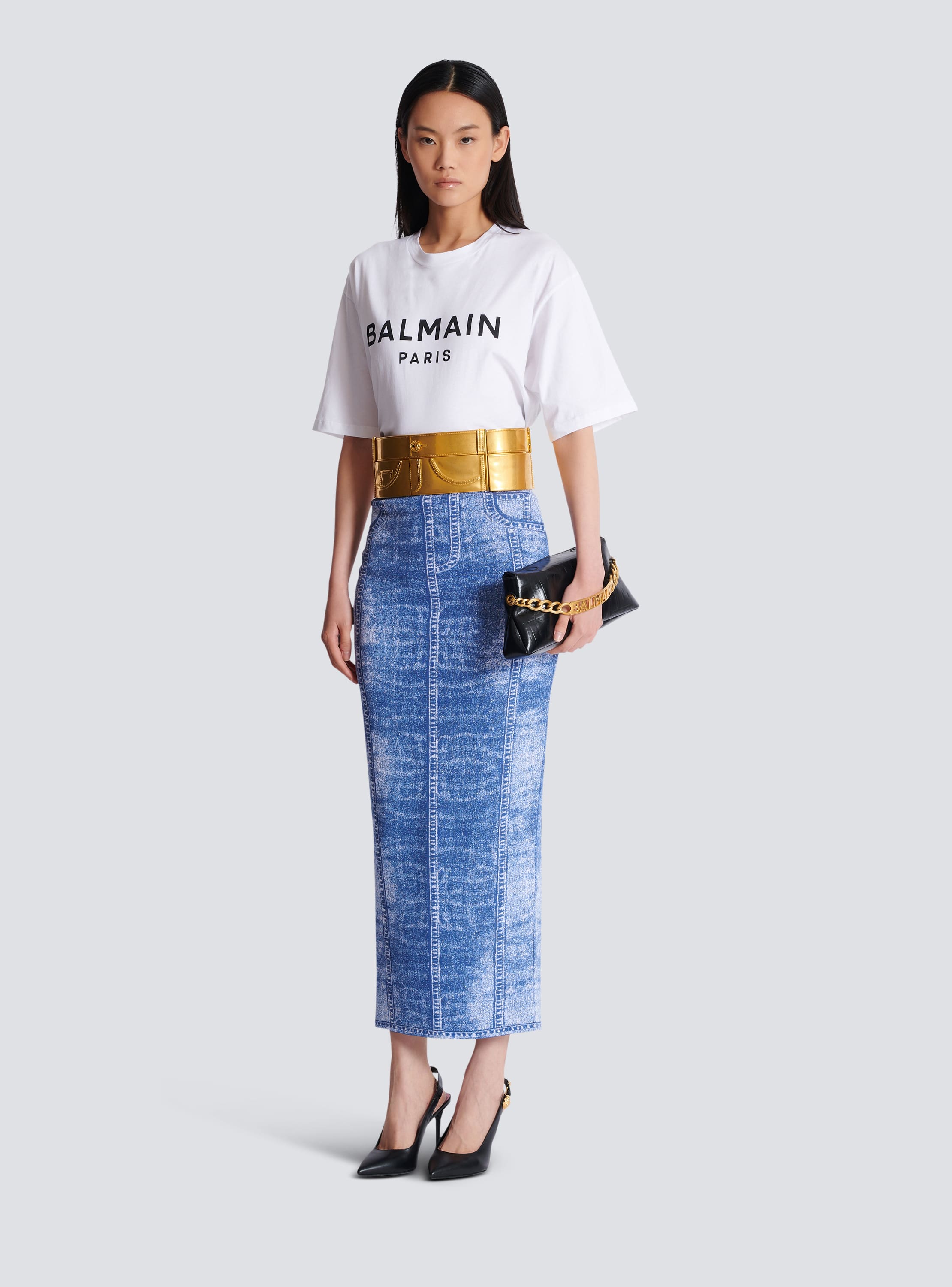 Midi skirt in jacquard knit with denim effect