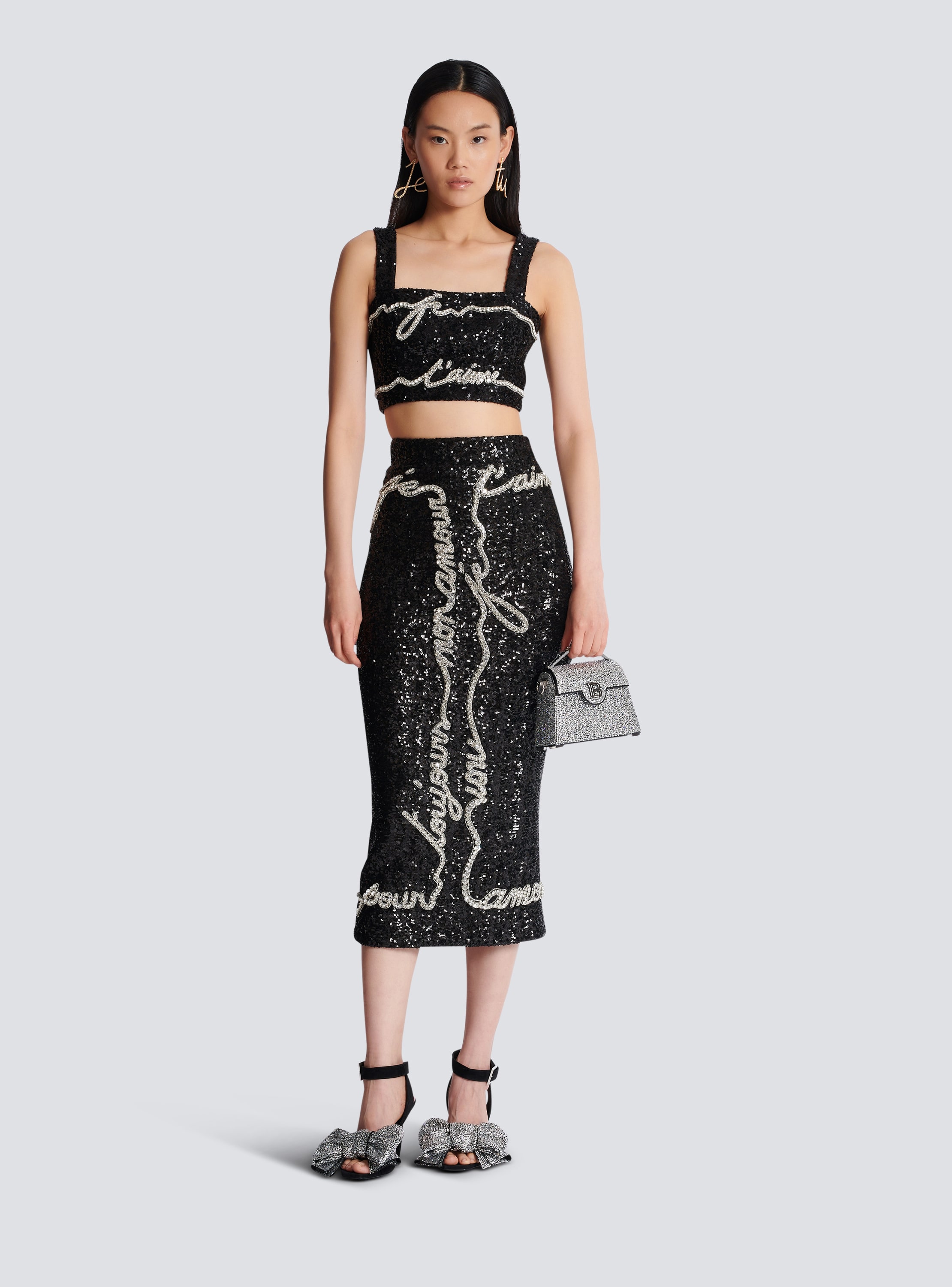 Sequin midi skirt with "Love Letter" embroidery