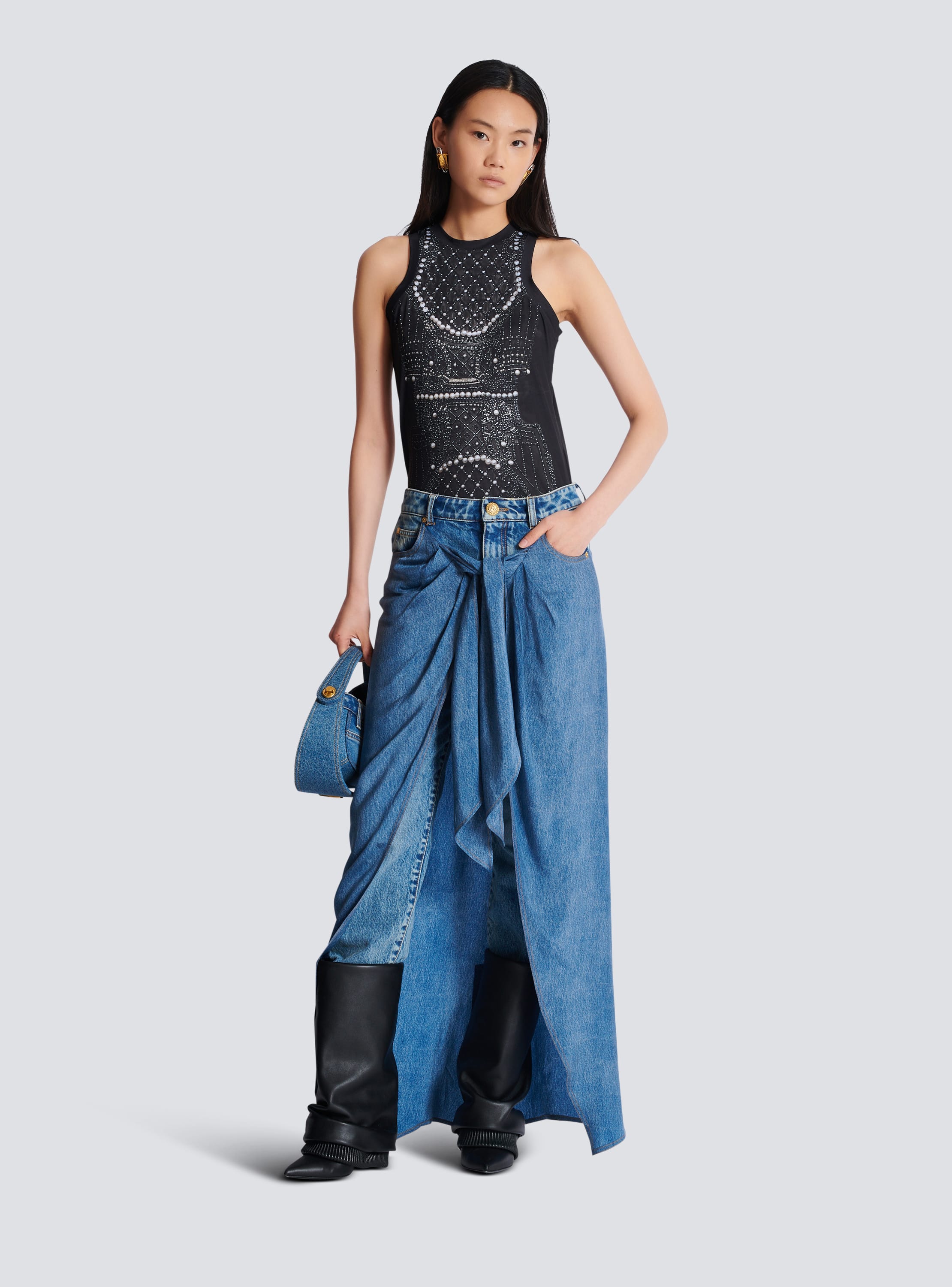 Denim jeans with draped skirt